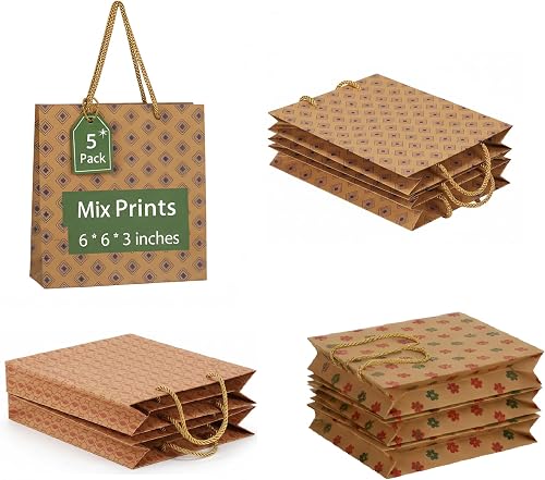 ekysa dekor 130 GSM Reusable Mix Print Brown Craft Paper Bags with Handles for Parties, Festivals (Diwali, Eid, Christmas), Baby Showers, Or Corporate Giveaways [Brown, 6X6X3 Inch, Pack Of 5]