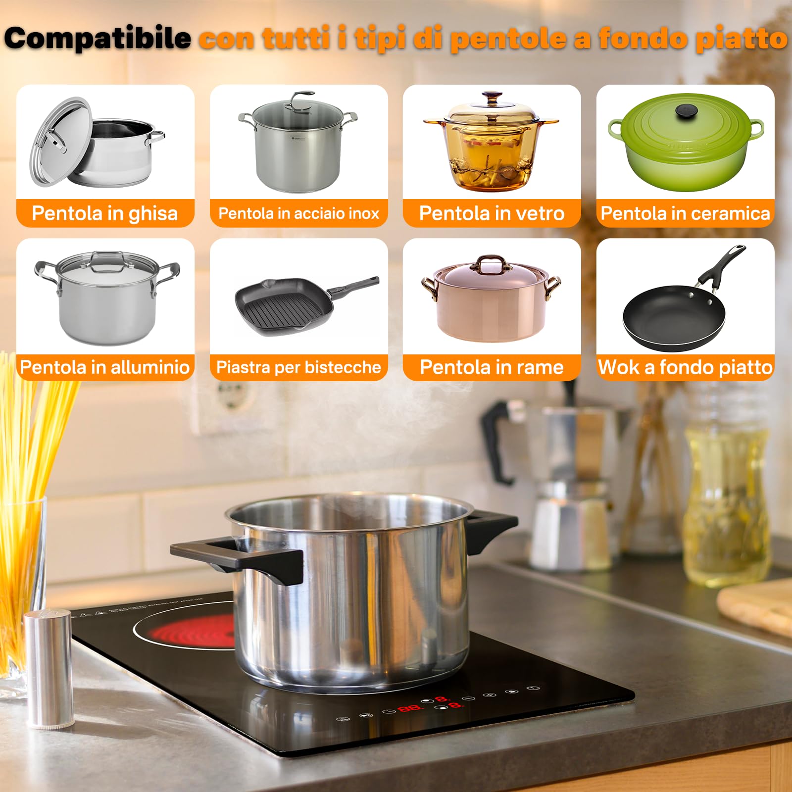 Piano Cottura Elettrico 2 Fuochi 3000W, Incasso o Appoggio | Fornello Elettrico 2 Piastre in Vetroceramica con Controllo Touch, 9 Livelli, Timer, Blocco di Sicurezza