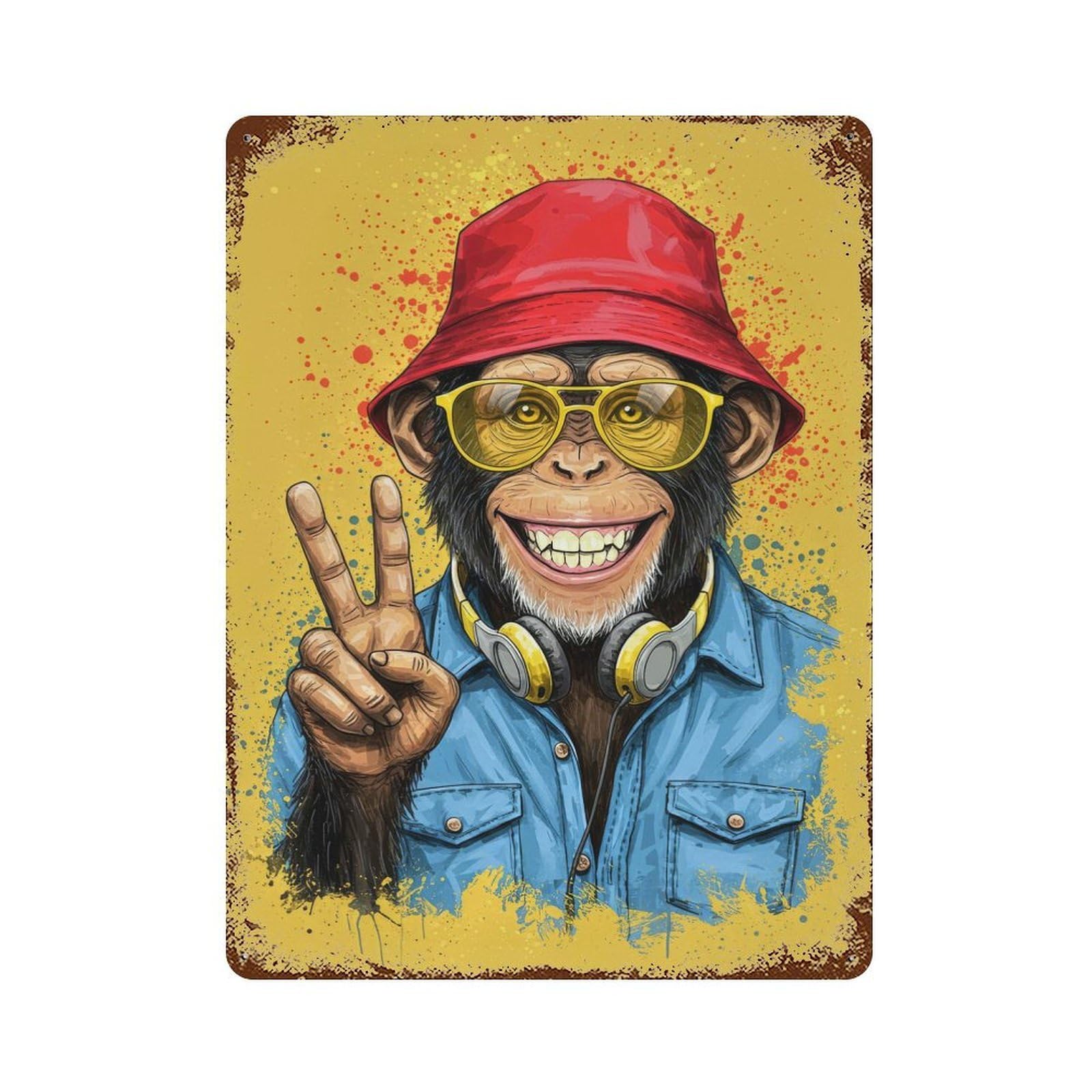 Cool Monkey with Peace Sign Rust Effect Tin Sign 15.7"x11.8", Old School Wall Decor for Living Room, Hallway And Home Decor