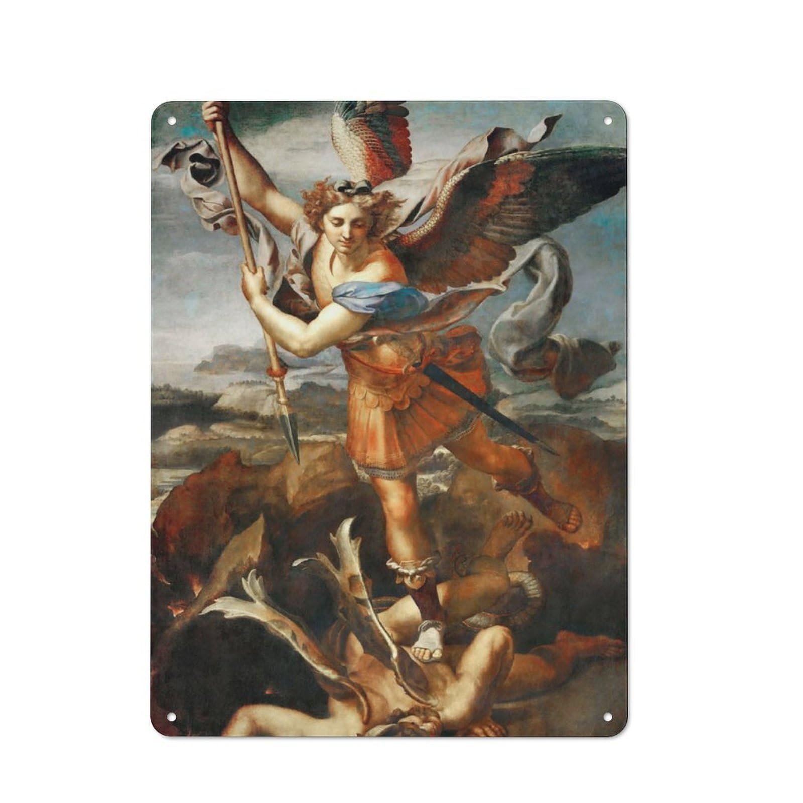 Junmoney St Michael Vanquish Satan Office Metal Sign With Design 40X30cm, Classic Studio Wall Plaque For Home Office, Reading Corner Or Bedroom