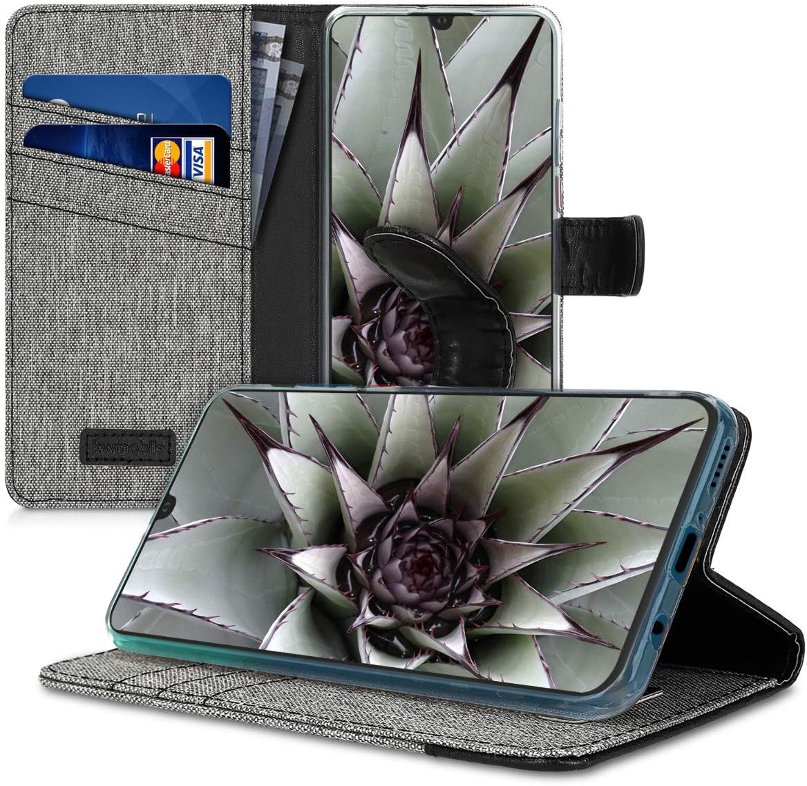 kwmobile Wallet Case Compatible with Huawei P30 Lite - Case Fabric and Faux Leather Phone Flip Cover - Grey/Black