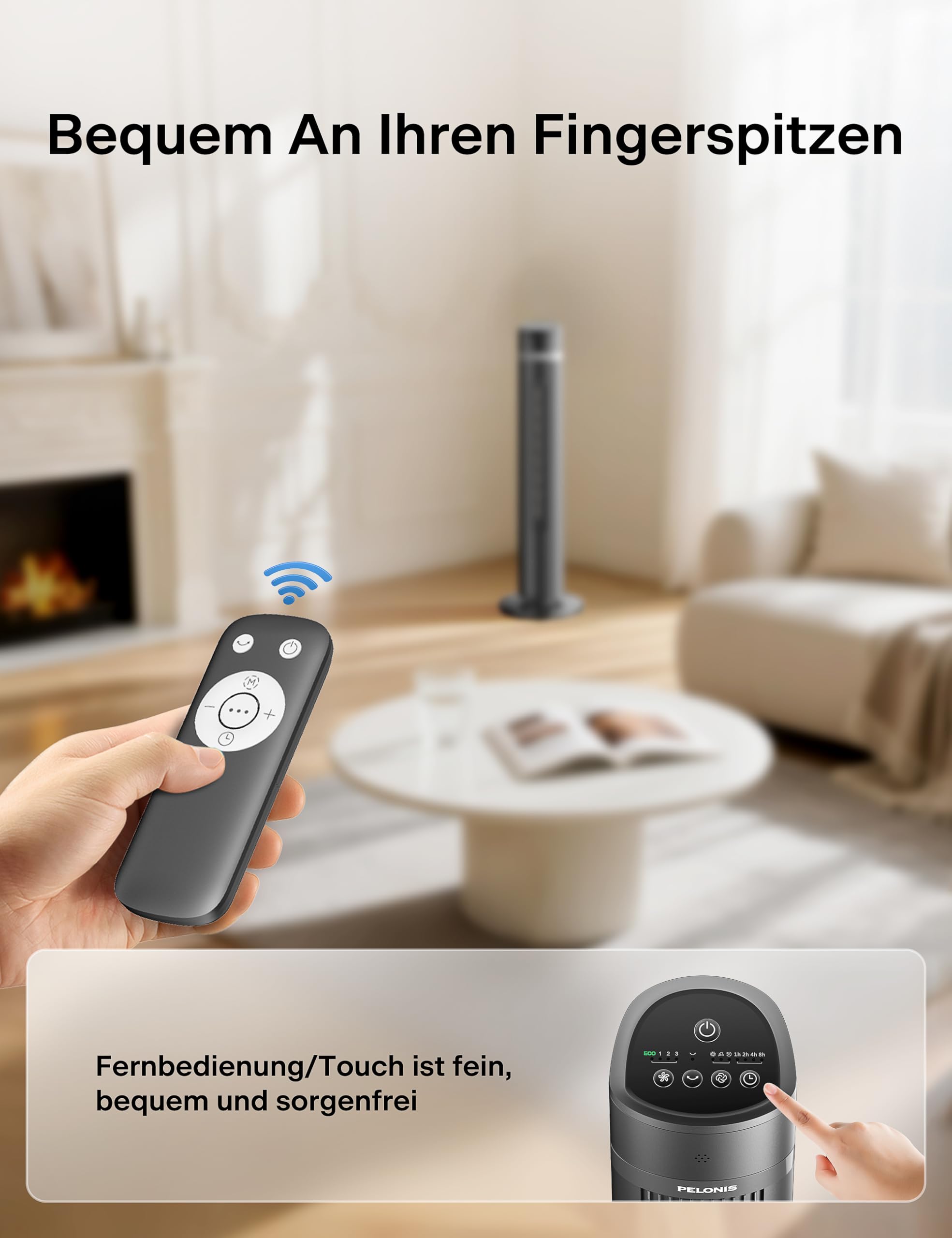 Pelonis Turmventilator 40 Zoll 102CM mit Fernbedienung, 7m/s Tower Fan 90° Oszillation, 15-Std-Timer, 3 Geschwindigkeiten