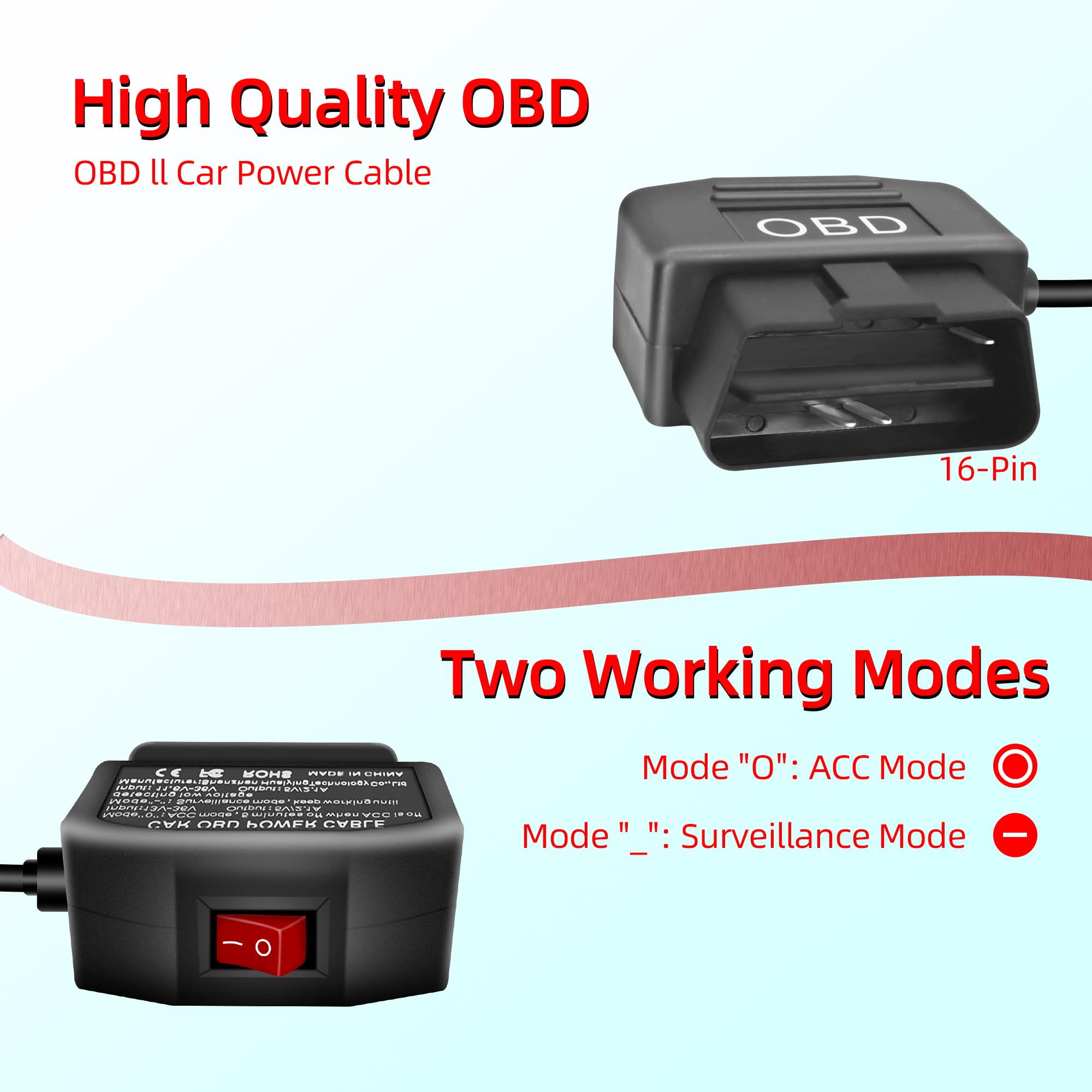 Kabel zasilający OBD do kamery samochodowej GELRHONR, MICRO USB 90 stopni, ładowarka OBD2 z przyciskiem, 3,5M, 5V-3A, 12-24V