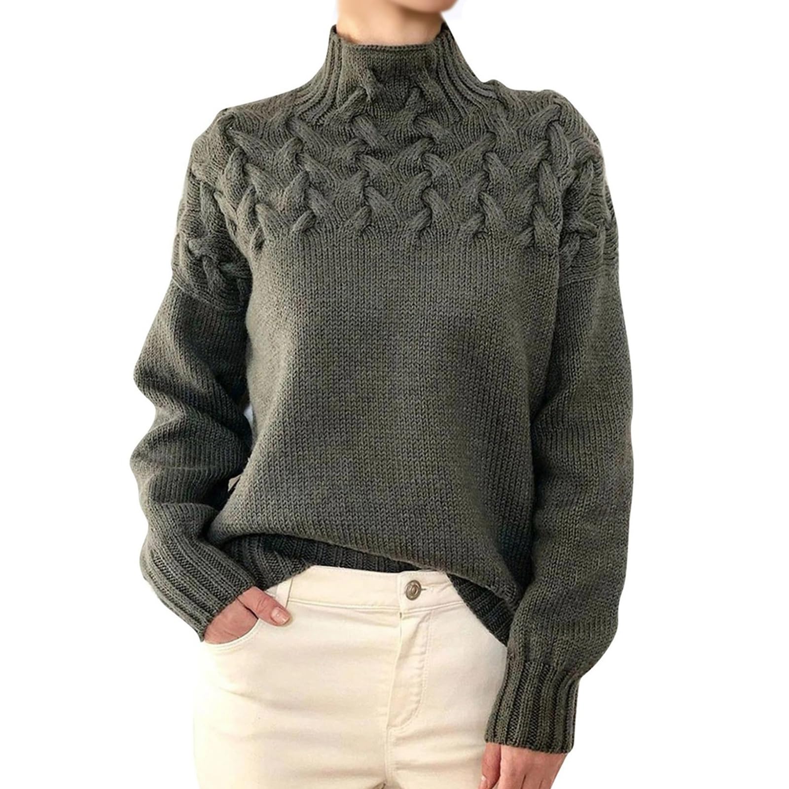 Turtleneck Sweater for Women Long Sleeve Solid Knitted Flower Pullover Sweaters Fall Winter Casual Comfy Thermal Loose Tops