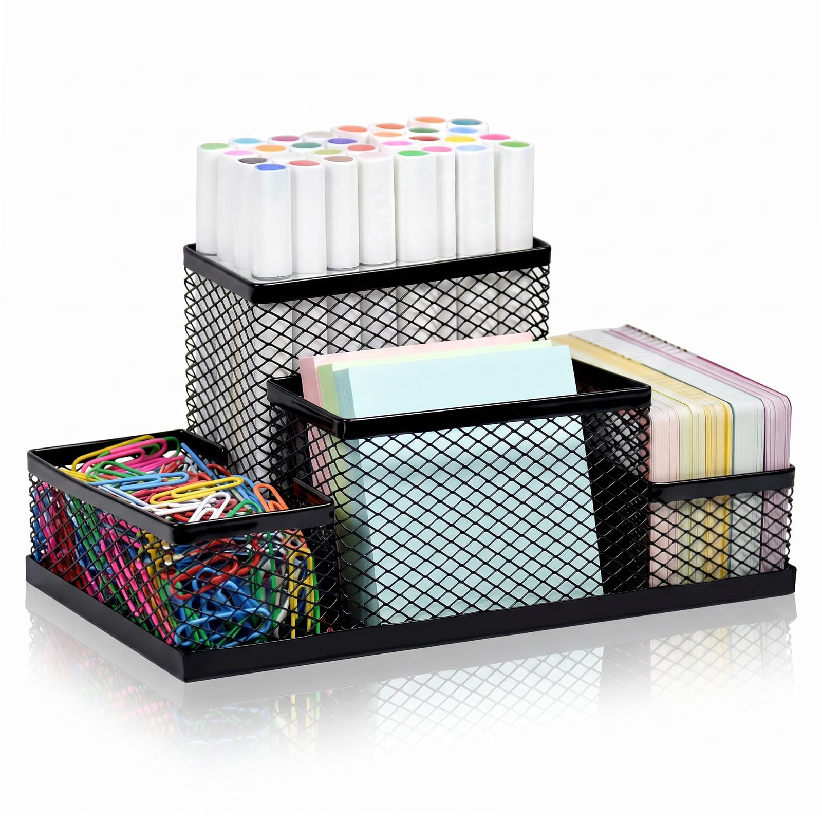 SAYEEC Mesh Pen Holder Black Desk Organizer 4 Compartments Pencil Holder Multi-Functional Desktop Pen Cup Small Metal Pencil Caddy Storage Box Desk Accessories Organizer for Home Office Art Supplies