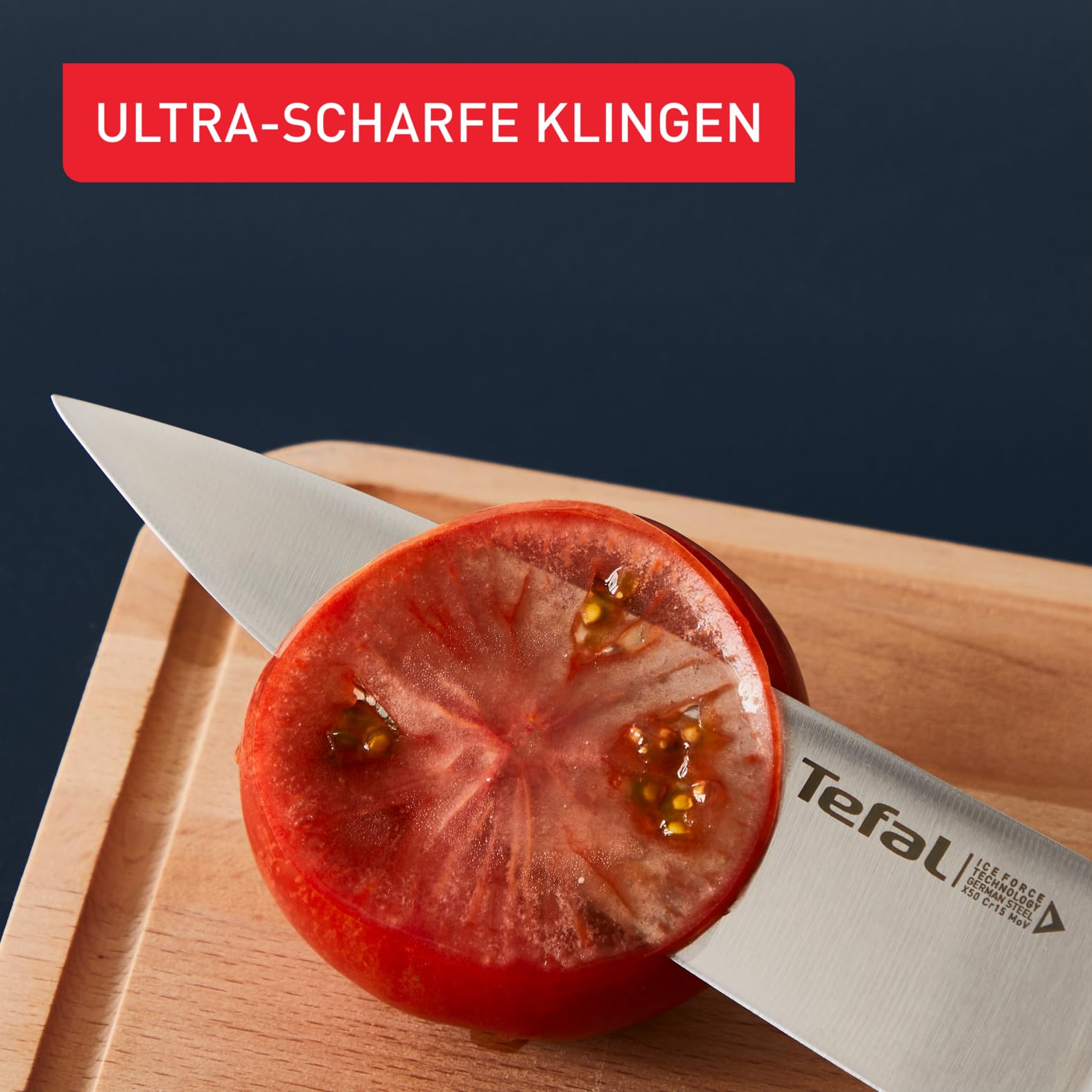 Tefal Ice Force Messerblock aus Holz, 5 Messer, Brotmesser 20 cm, Chefmesser, Santokumesser 18 cm, Gemüsemesser 11 cm, Tranchiermesser 9 cm, Edelstahl, braun/schwarz, K232S5