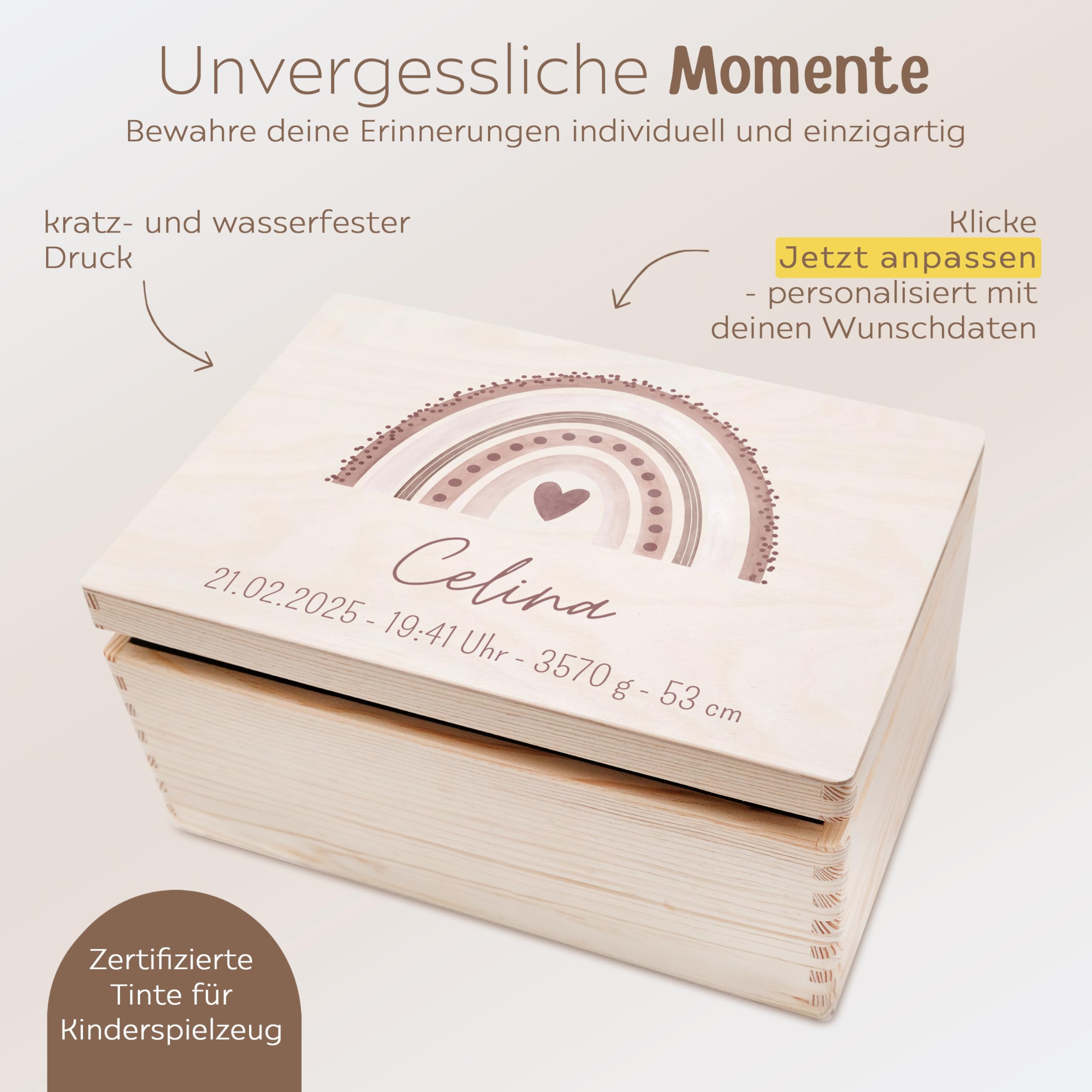 wunderwunsch® - Personalisierte Erinnerungsbox Baby mit Spezial-Druck - Baby Erinnerungsbox - Erinnerungskiste aus Holz - Geschenk zur Geburt (rosa, M flach | Klappdeckel)