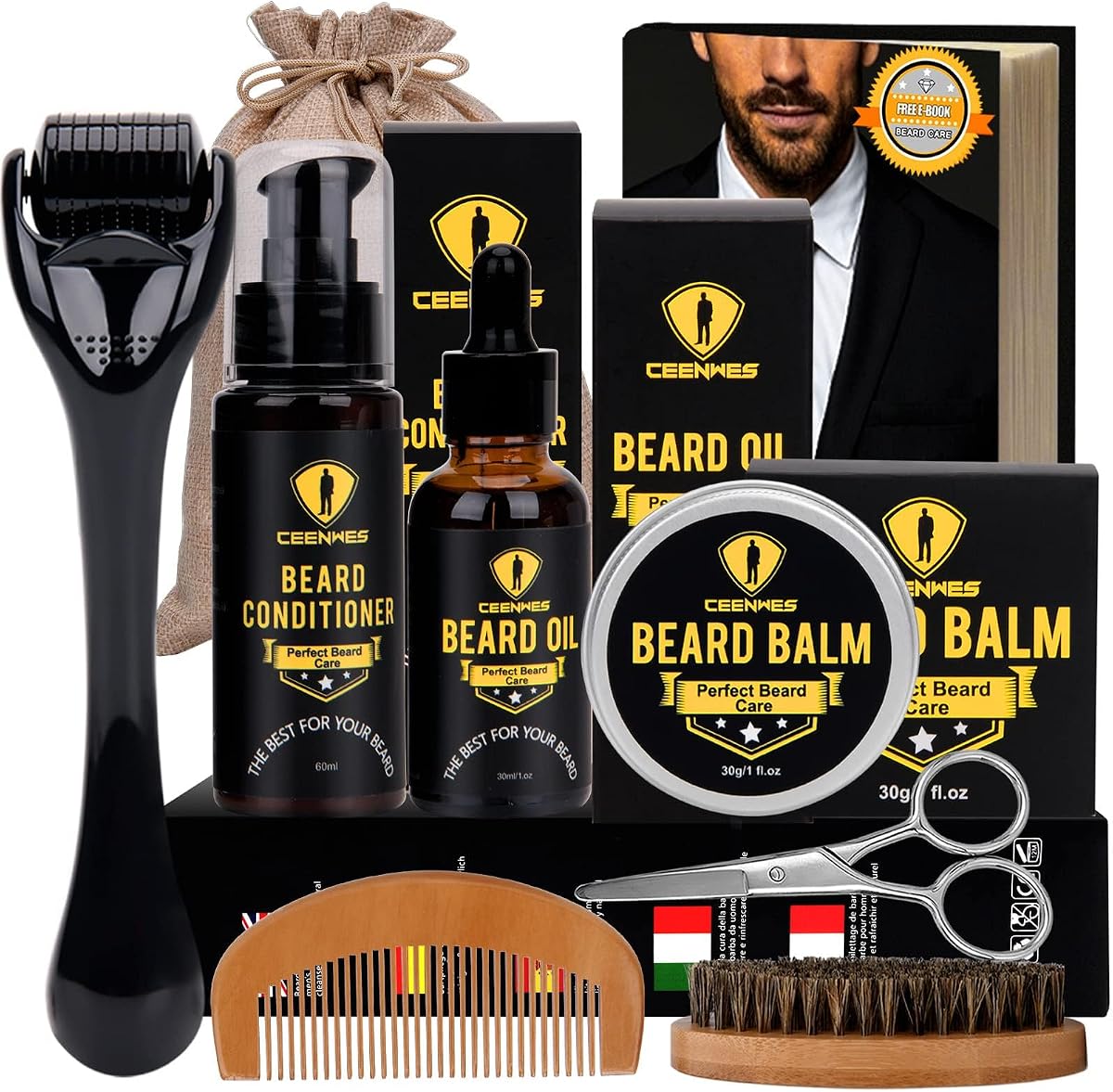 Ceenwes Upgraded Beard Grooming Kit - Conditioner, Oil, Brush, Comb, Balm, Scissors, Storage Bag for Beard and Mustache Trimming, Perfect Men's Gift