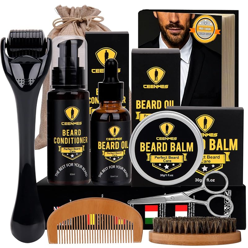 Kit de cuidados para barba Ceenwes com condicionador, óleo, escova, pente, bálsamo, tesoura e bolsa
