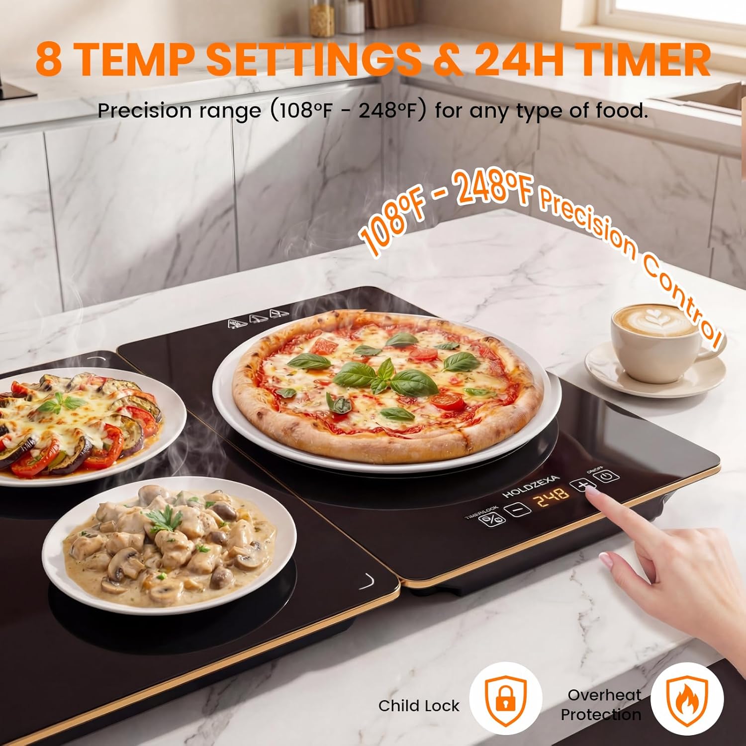 Expandable 4-in-1 Electric Warming Tray, Extra-Large Tempered Glass Food Warmer with 8 Heat Levels, 24H Timer & Child Lock, Modular Buffet Heating Plate for Parties & Family Dinners