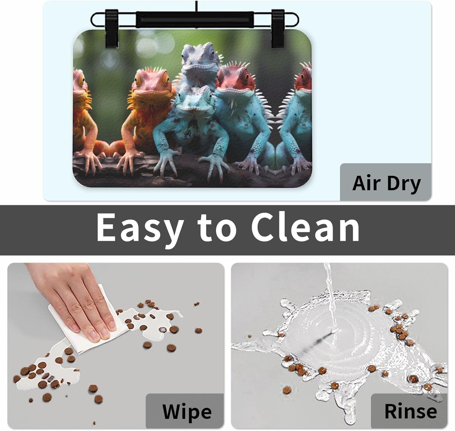 40x60cm Pet Absorbent Feeding Mat - 4 Colorful Lizards Print Leather Non-Slip Placemat, for Dog Cat Food and Water Bowl Pads