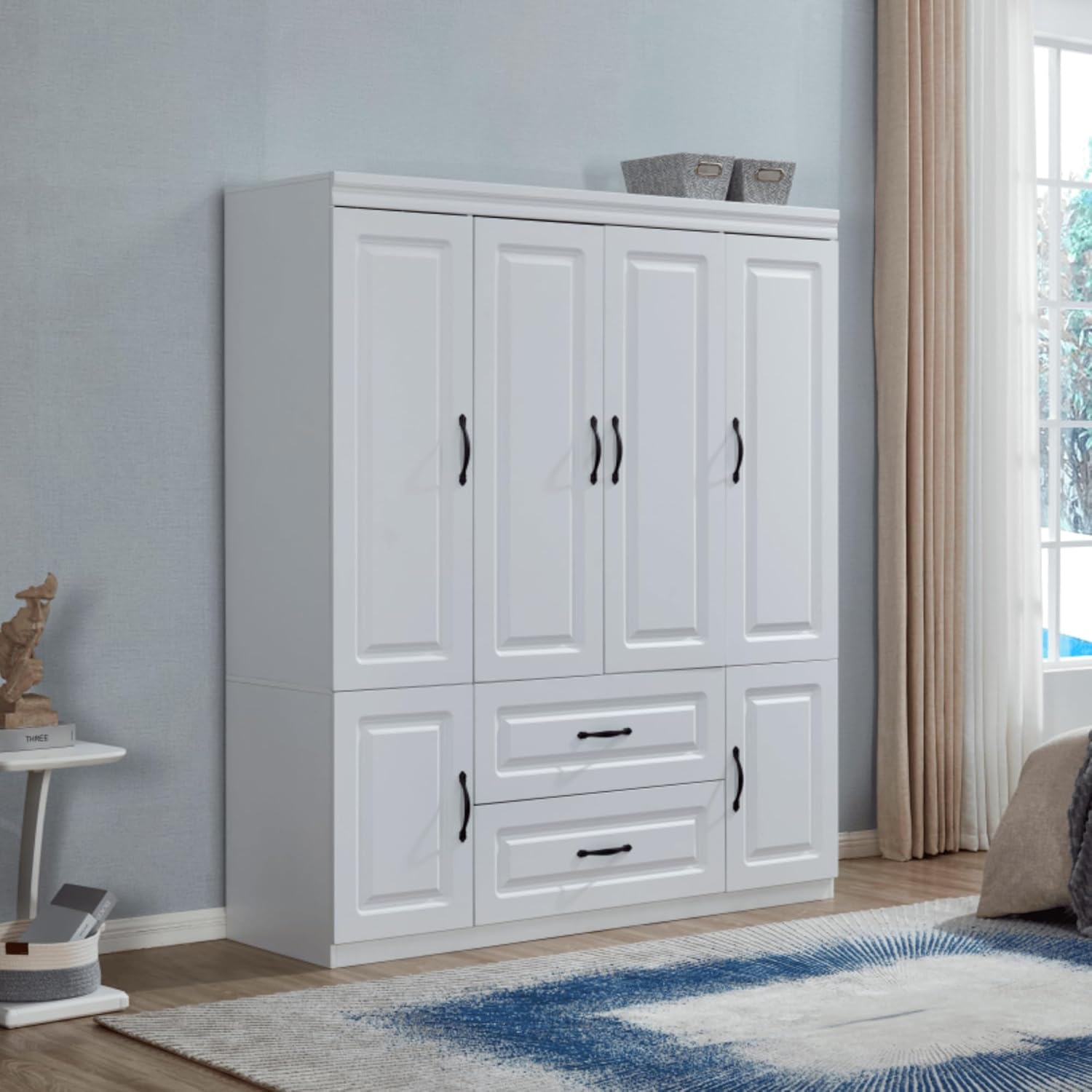 4 Doors Classic White Large Freestanding Wardrobe Armoire Wooden Closet Cabinet with Hanging Rod & Shelves Bedroom Clothes Storage Bathroom Wood Organizer(20.5" D x 63" W x 71.0" H)