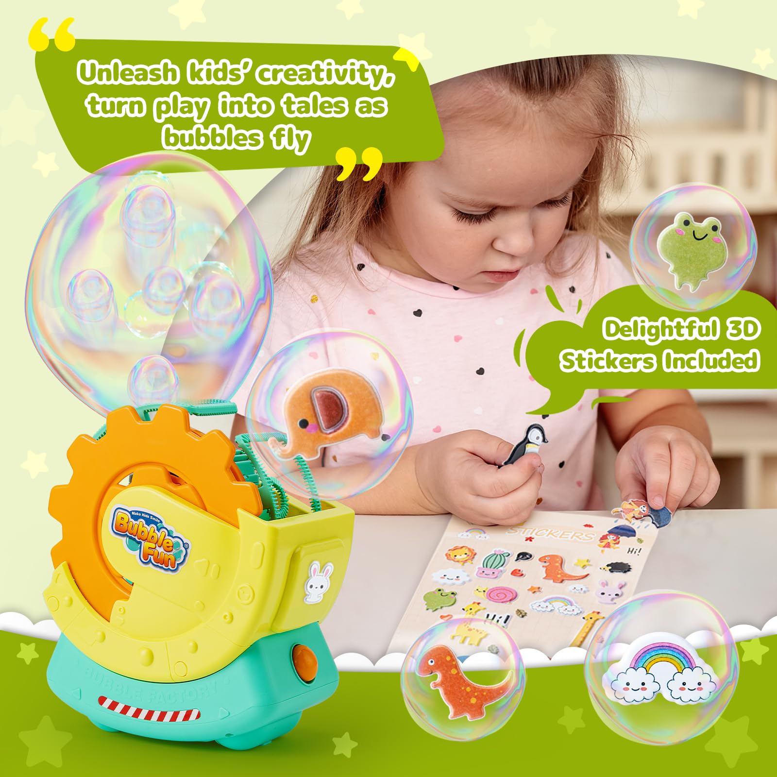 Macchina per bolle ricaricabile per bambini, bolle extra grandi con effetti Bubble-in-Bubble, giocattolo automatico veloce con soluzione da 8 once, soffiatore per bolle per giochi interno/esterno,