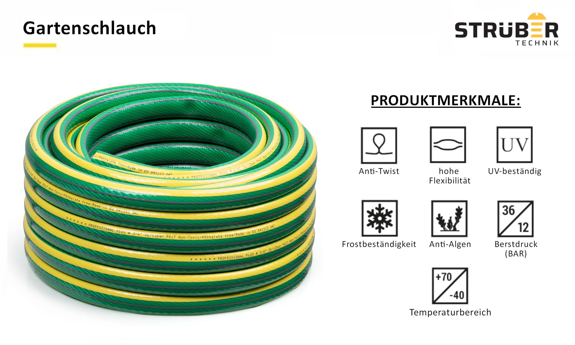 STRÜBER Gartenschlauch 6-lagig ANTI-TWIST, 3/4" Zoll, 30 m Länge | ANTI-TWIST, Bewässerungsschlauch, Kreuzgewebe, UV-beständig, PVC flexibel
