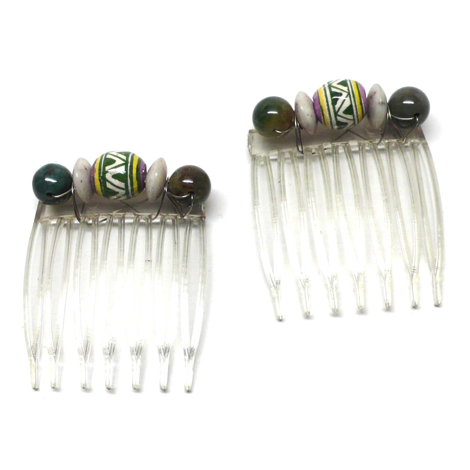 Set of 2 Small Hair Combs Peruvian Ceramic White Green