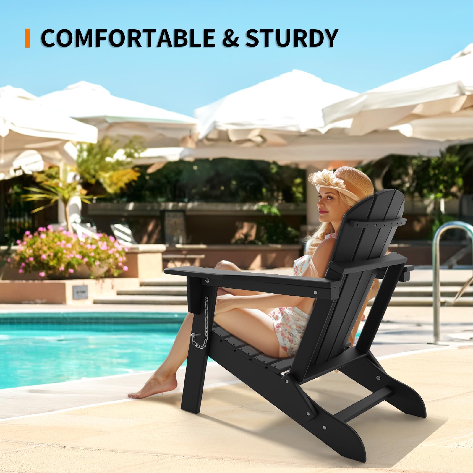 VINGLI Adirondack Stuhl aus HDPE-Kunststoff, Outdoor Gartenstuhl Klappbar mit Getränkehalter, Wasserdichter Gartensessel bis 172 kg belastbar, für Garten, Terrasse, Pool, Feuerkorb, Schwarz
