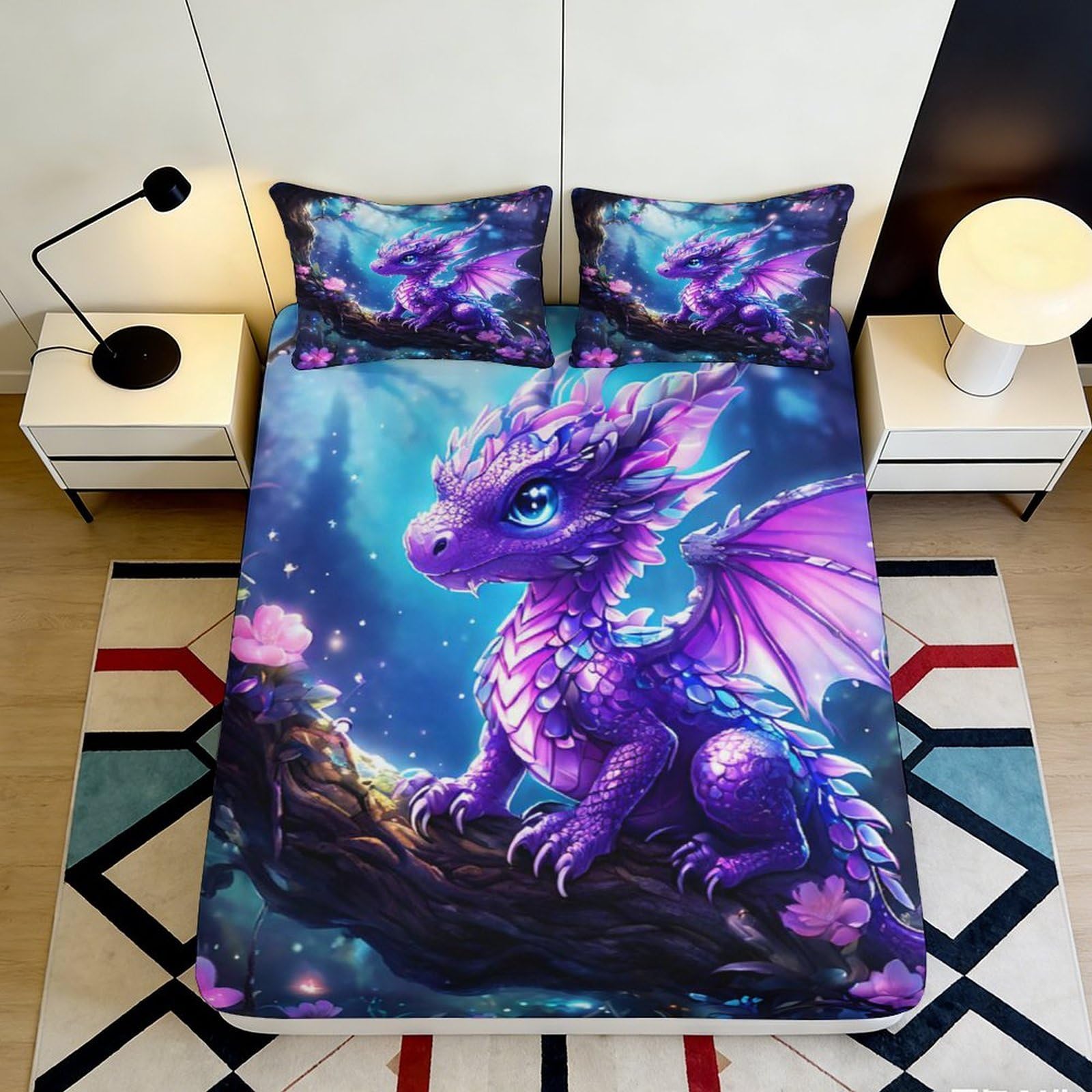 3D Printed Purple Dragon Fitted Sheet Microfiber Soft Fantasy Forest Bed Cover for Bedroom Dorm Mattress Decor 90x200x25cm