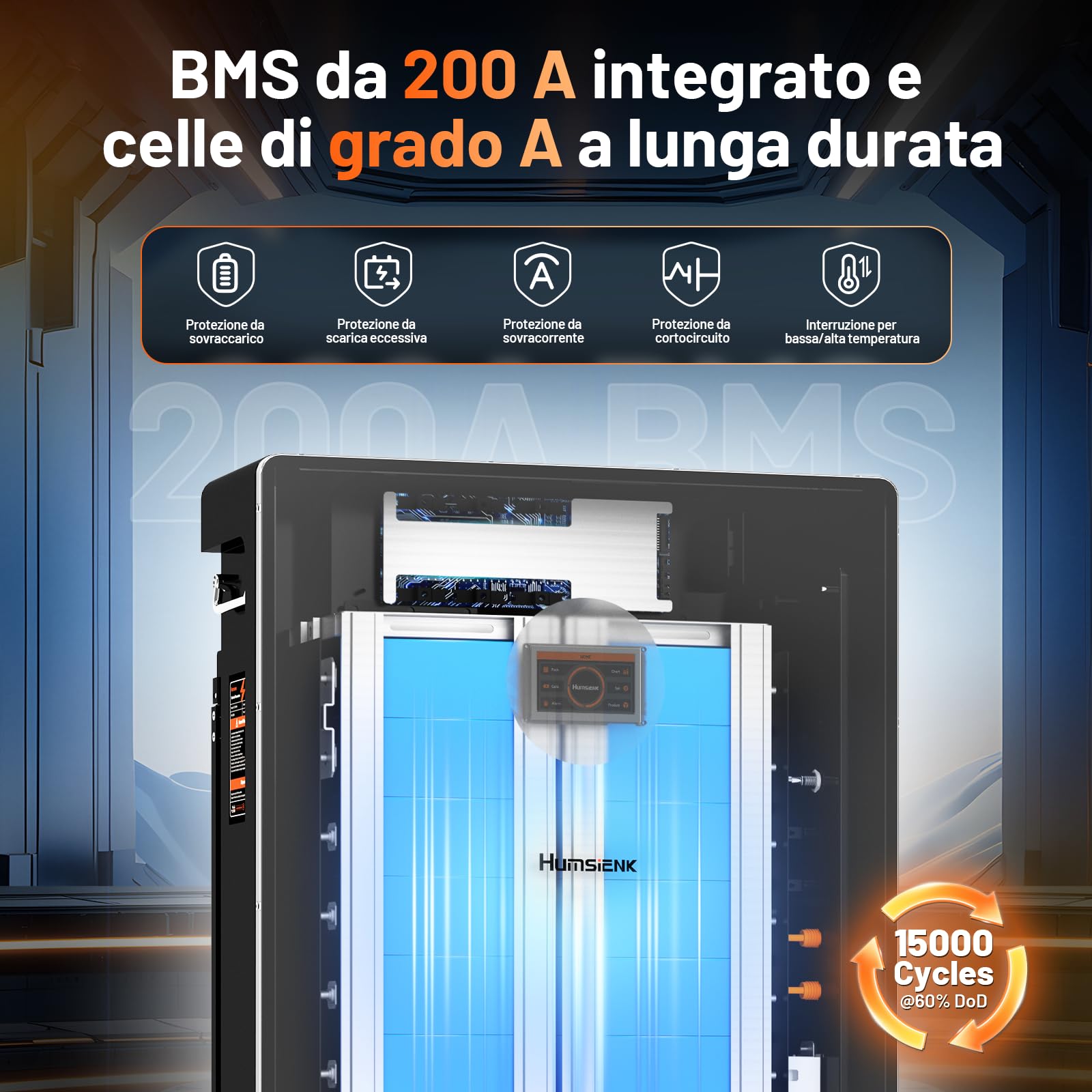 Humsienk Batteria LiFePO4 48V 314Ah, Batteria accumulo fotovoltaico 16.07KWH con integrata 200A BMS e display LCD,8000+ cicli, Accumulo di energia a parete per sistema solare,fotovoltaico,off-grid