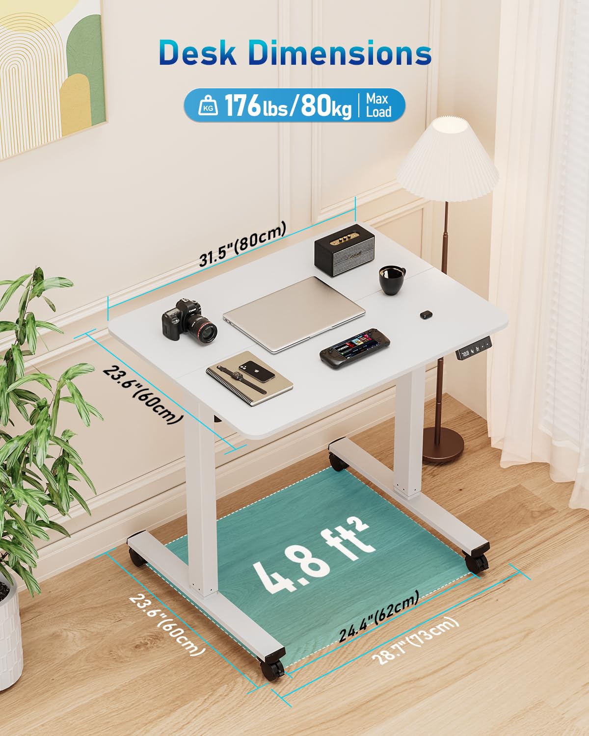 Höhenverstellbarer Schreibtisch, 80x60 cm, Hochwertige Tischplatte, elektrischer Schreibtisch höhenverstellbar, Computertisch mit Memory Funktion, Weiß