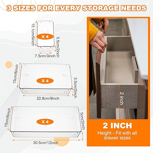 Miniatura 2 de 12 organizadores de cajones de plástico transparente, 12 x 6 x 2 pulgadas, 9 x 6 x 2 pulgadas, 6 x 3 x 2 pulgadas, cocina, baño, nevera, utensilios,