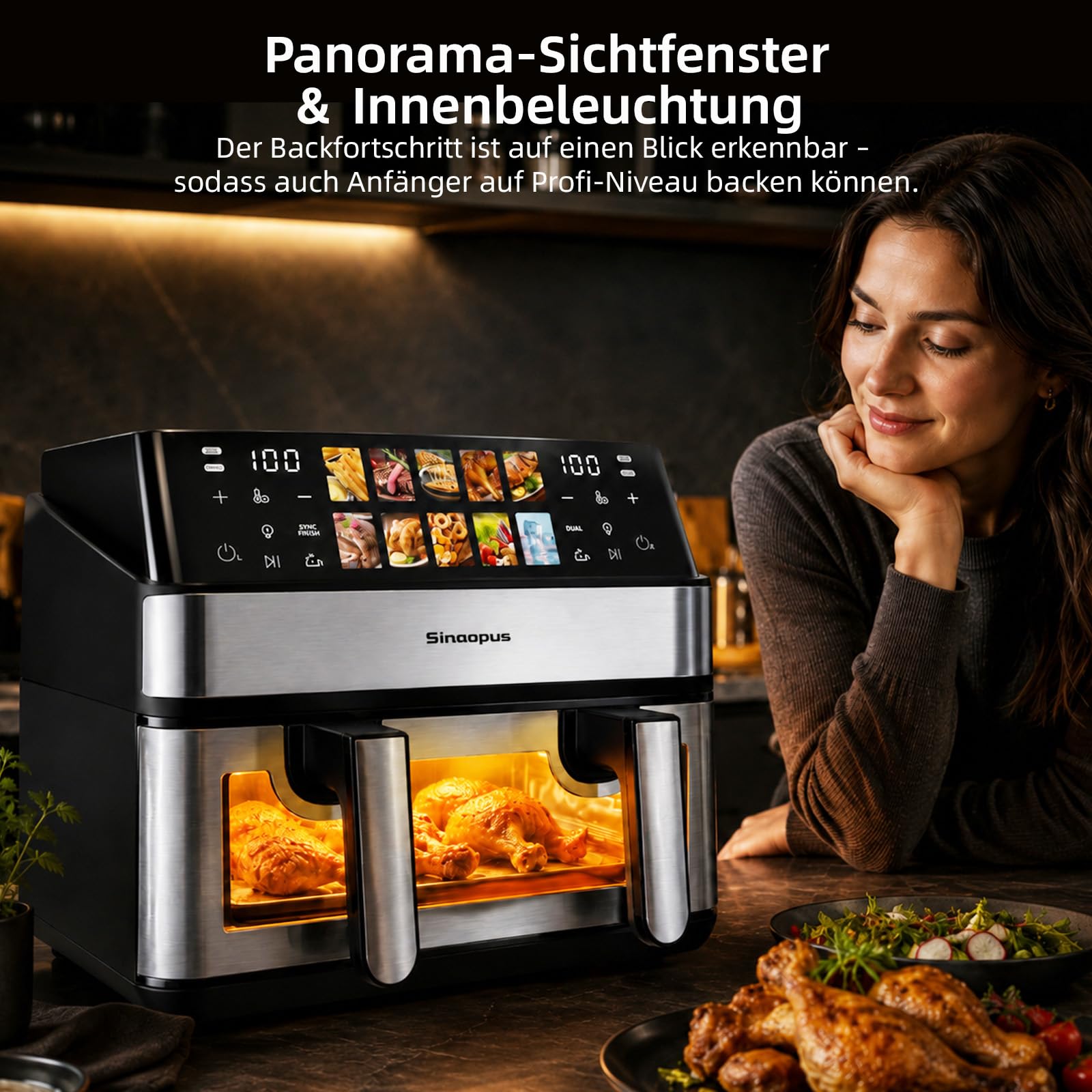 Air Fryer 9L 2000 W, Heißluftfritteuse 2 Kammern mit kühlem Griff | Digitaler Touchscreen, Sichtfenster, Sync Finish, Dual Cook, abnehmbare Trennwand, XXL, 903A