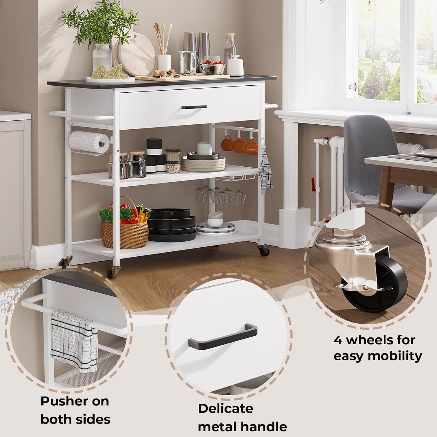 Hasuit 3 Tier Kitchen Island Cart on Wheels with Large Drawer, Rolling Kitchen Serving Cart with Storage, Wine Glass Holder, Hang Hooks, Open Shelves, 39.4'' W x 15.8'' D