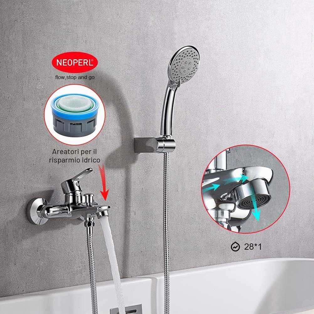 GRIFEMA PORTO-G13003 Miscelatore Monocomando Esterno per Vasca/Doccia (G1/2 Pollici) con Flessibile Doccia in Acciaio Inox da 1,5 m, Doccetta a 5 Vie, Cromo/Argento