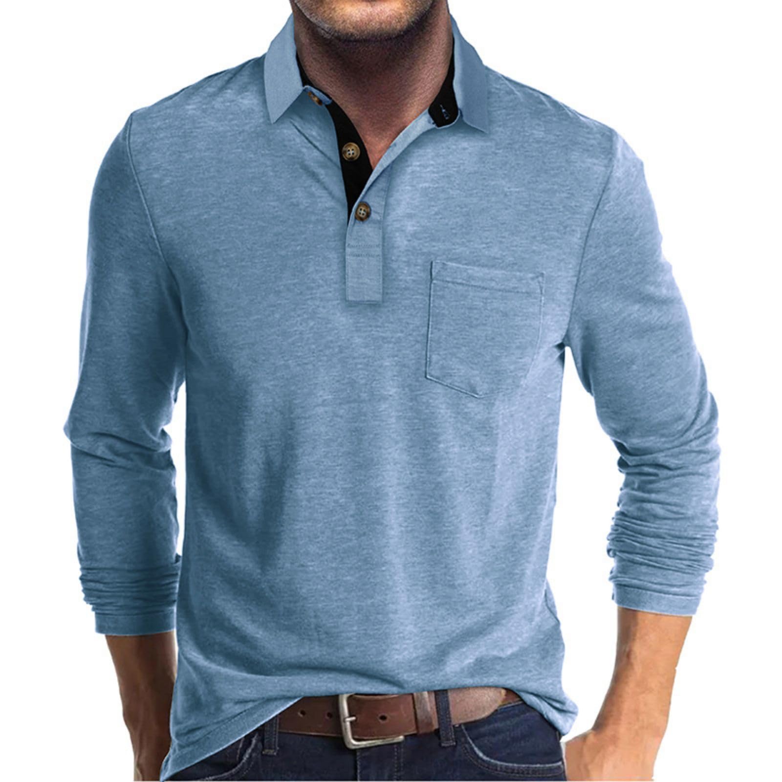 - Men's Casual Polo Shirts Classic Button Basic Long Sleeve Shirt Solid Color Cotton Tees Stylish Tops