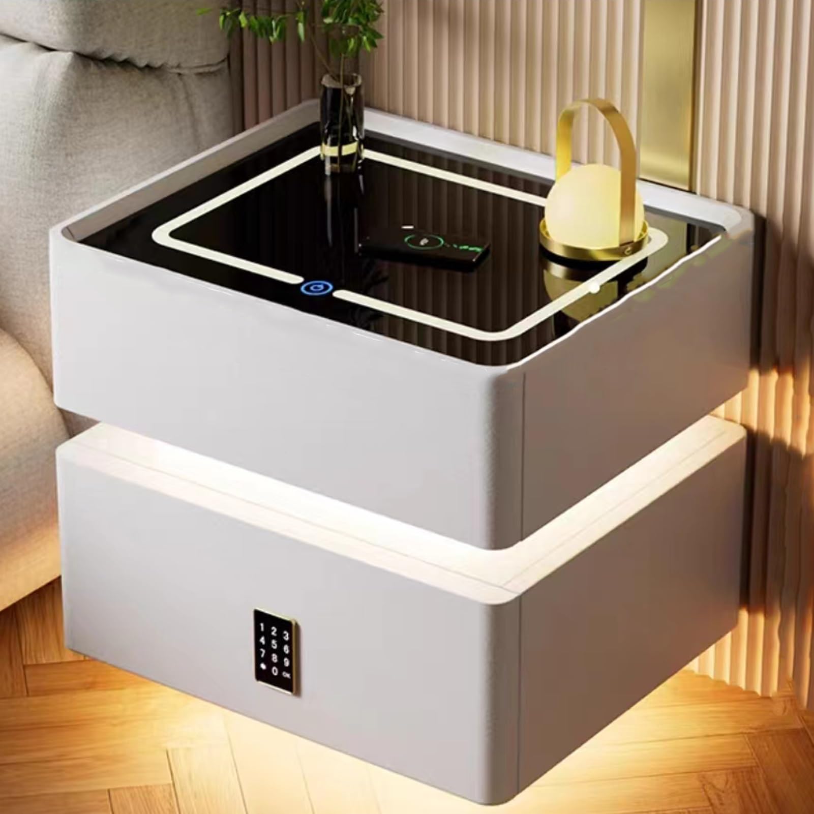 Table de chevet en lévitation haut de gamme, meuble intelligent LED et verre trempé