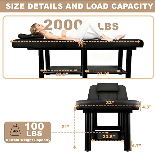 Miniatura 3 de Mesa de masaje estacionaria, cama de masaje profesional con capacidad de peso de 1700 libras, cama de belleza extra ancha de 75 pulgadas de largo x