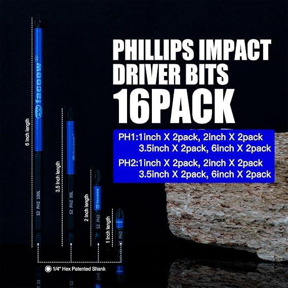 Facoow 55PCS Impact Nut Driver Set & Phillips Impact Driver Bits, #2&1 Phillips Head Magnetic Screwdriver Bits