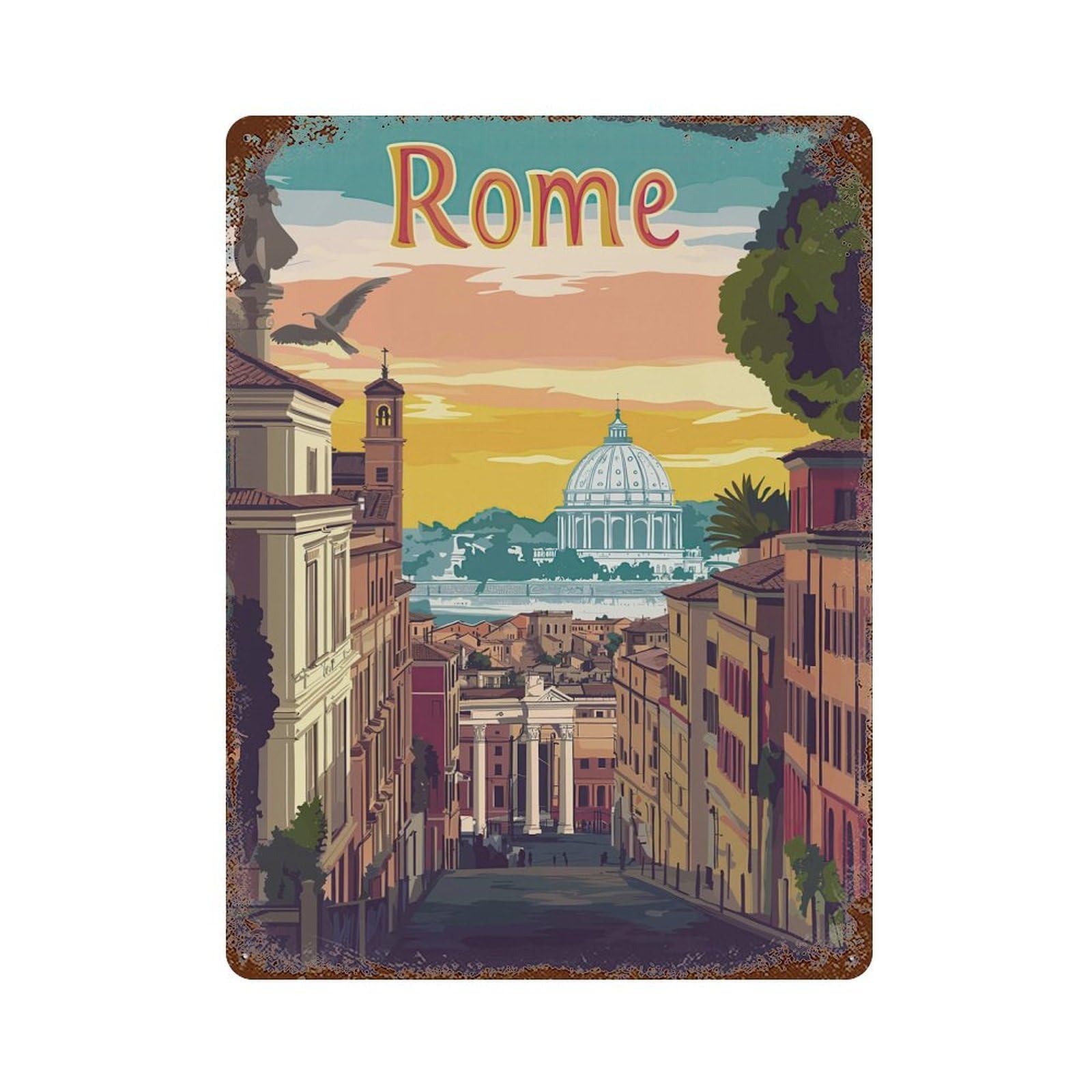 Garage Style Rome Cityscape Illustration Rust Effect Tin Sign 15.7"x11.8", Classic Wall Plaque for Bar And Workshop