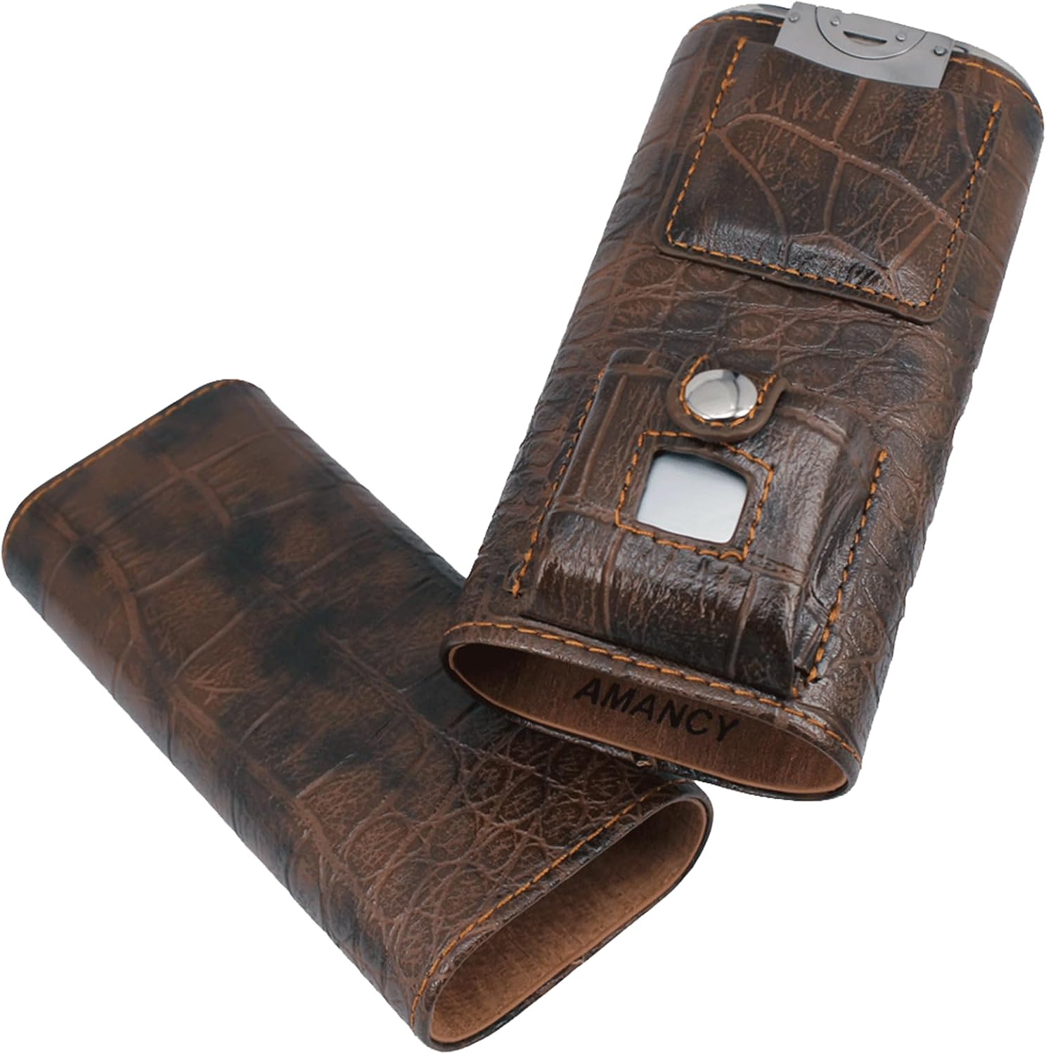 AMANCY Luxury 3 Holder Classy Black Brown Crocodile Pattern Leather Cigar Humidor Case Set with Lighter and Cutter - Great Cigar Gift Kit for men