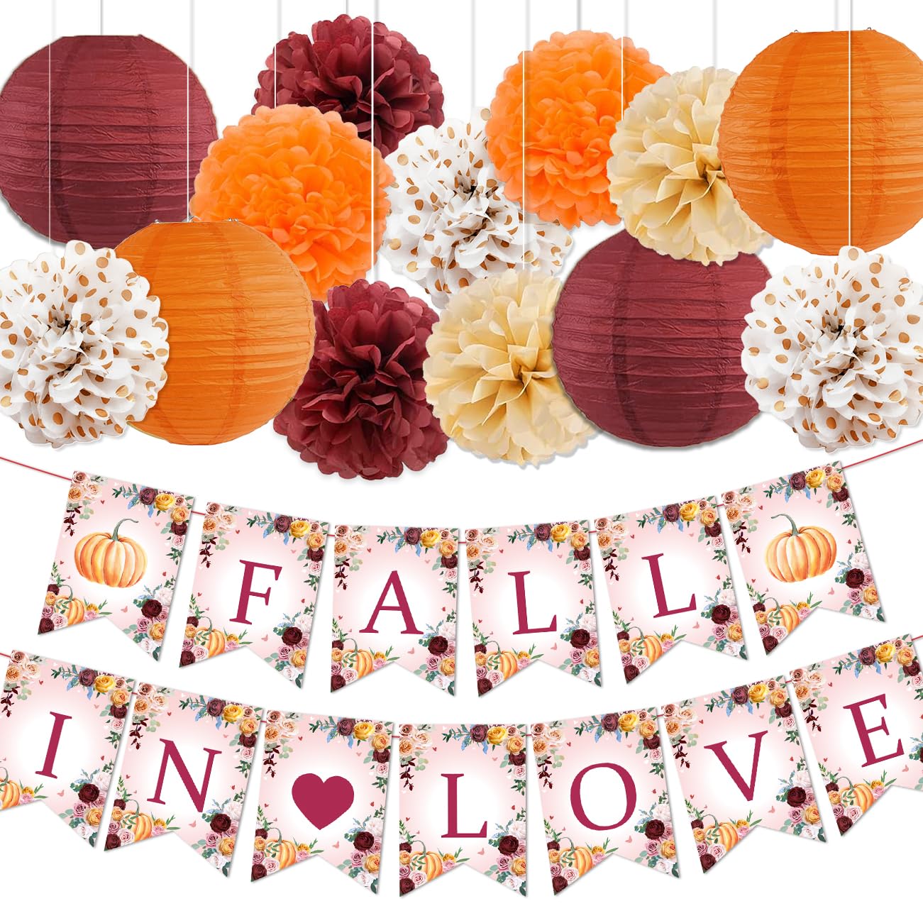Haimimall Fall in Love Bridal Shower Decorations, Fall in Love Banner for Fall Wedding Decorations Fall Party Decorations with Orange Maroon Paper Pompoms and Lanterns for Engagement Decorations