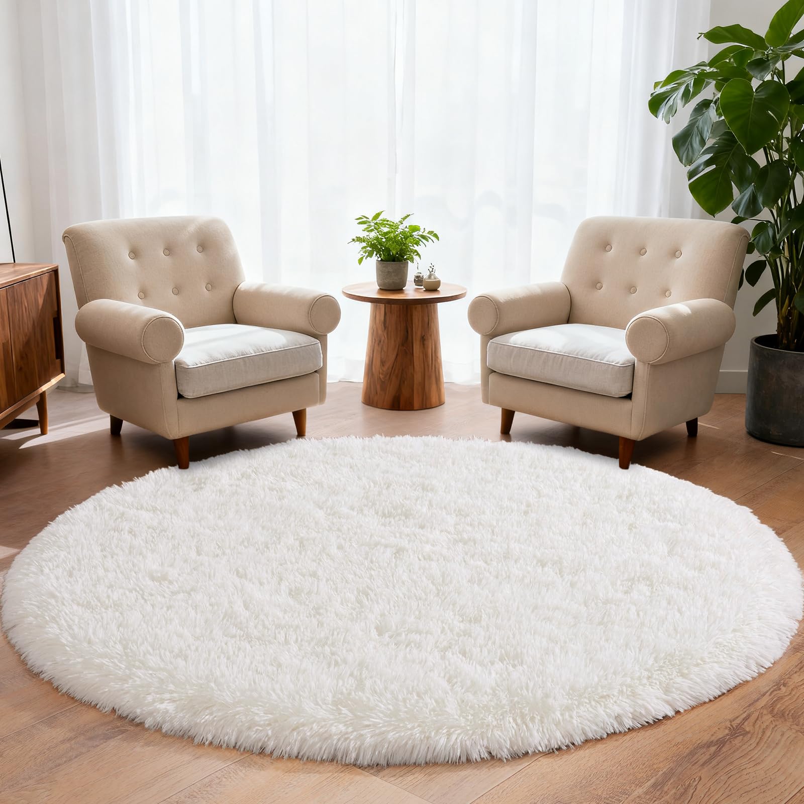 iEvery Large Round Rugs for Living Room 160cm - Fluffy Shaggy Circle Rug for Bedroom, Soft Non Slip High Pile Modern Floor Carpet for Kids Room, Cream White โ image 1