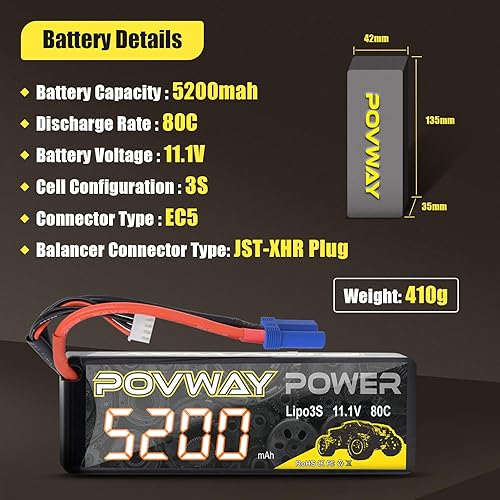 Miniatura 2 de Lipo Batería 3S 5200mAh RC Batería 11.1V 80C con enchufe EC5 Hardcase para coches RC, camión RC, helicóptero, avión (5200 3S 80C- EC5 Plug Hardcase)