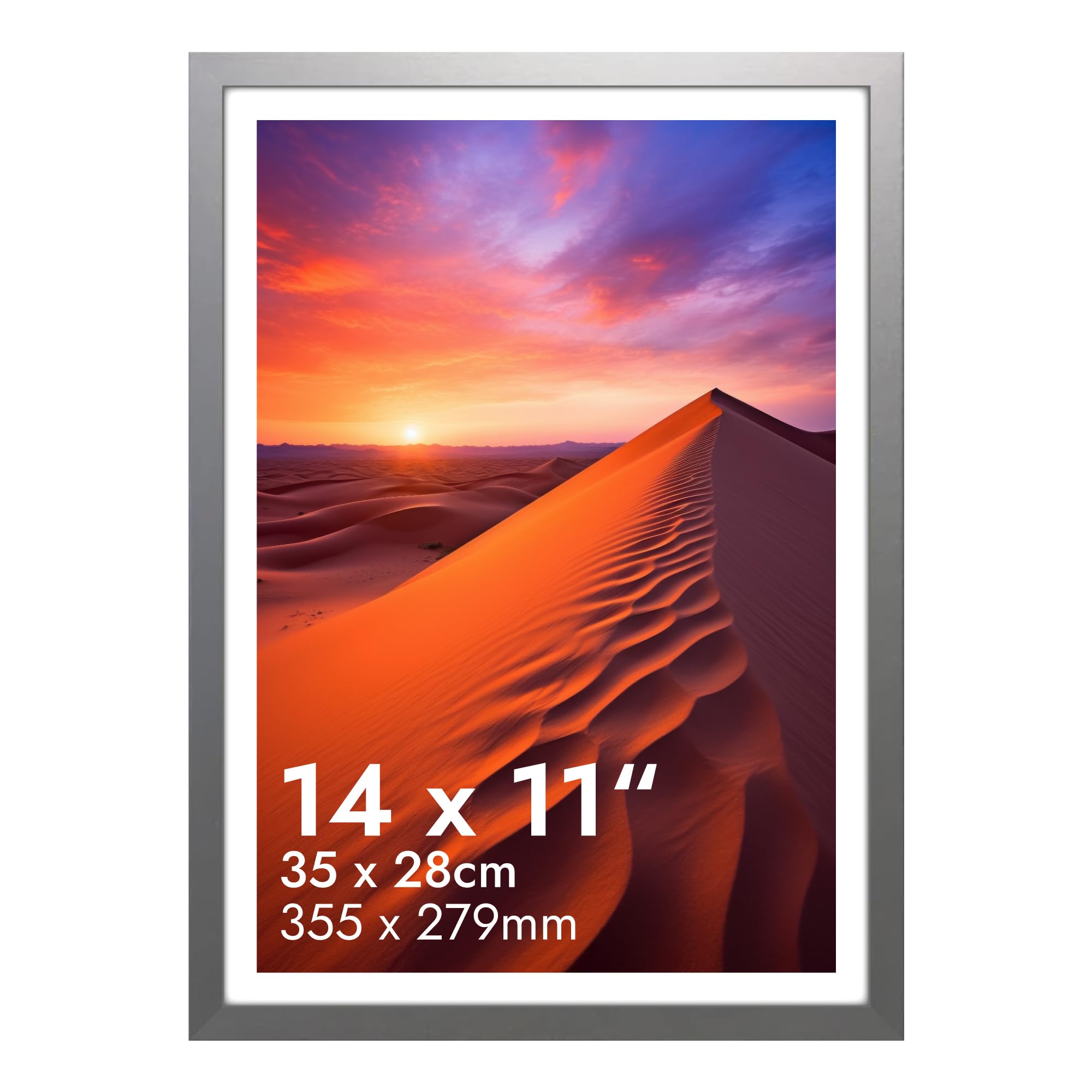 HNK Silver Picture Frame 14 X 11 Inches Engineered Wood and Plexiglass, 35x28cm Photo Frame Dual Orientation Landscape or Portrait, 11x14 Picture Frame Wall Hanging Display Photos, Posters