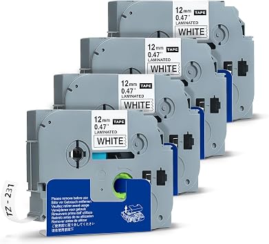 Replace Brother P-Touch Label Tape, Label Maker Tape Refill 4 Packs, Tze Tapes 12mm 0.47 Laminated White TZe-231 Tze Tz 231 Tapes Compatible with Brother PT-D210 D220 D410 D600 H110 Etc