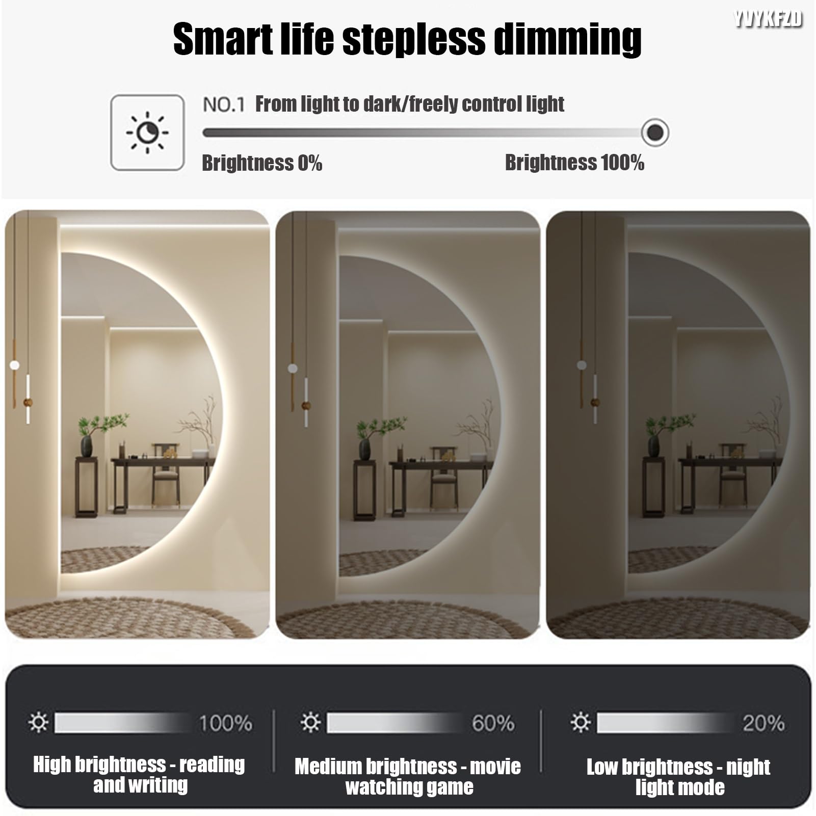 Lustro ścienne z podświetleniem LED do łazienki, półokrągłe wiszące lustro, duże, przeciwmgielne, 3 kolory ściemniania (lewe cięcie 55 x 110 cm)