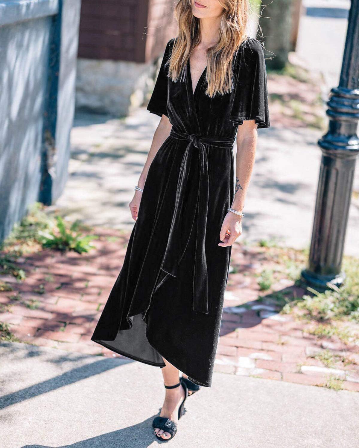 R.Vivimos Womens Velvet Pleated Wrap Tie Waist Elegant Flowy Party Plus Size Midi Dresses - Image 4