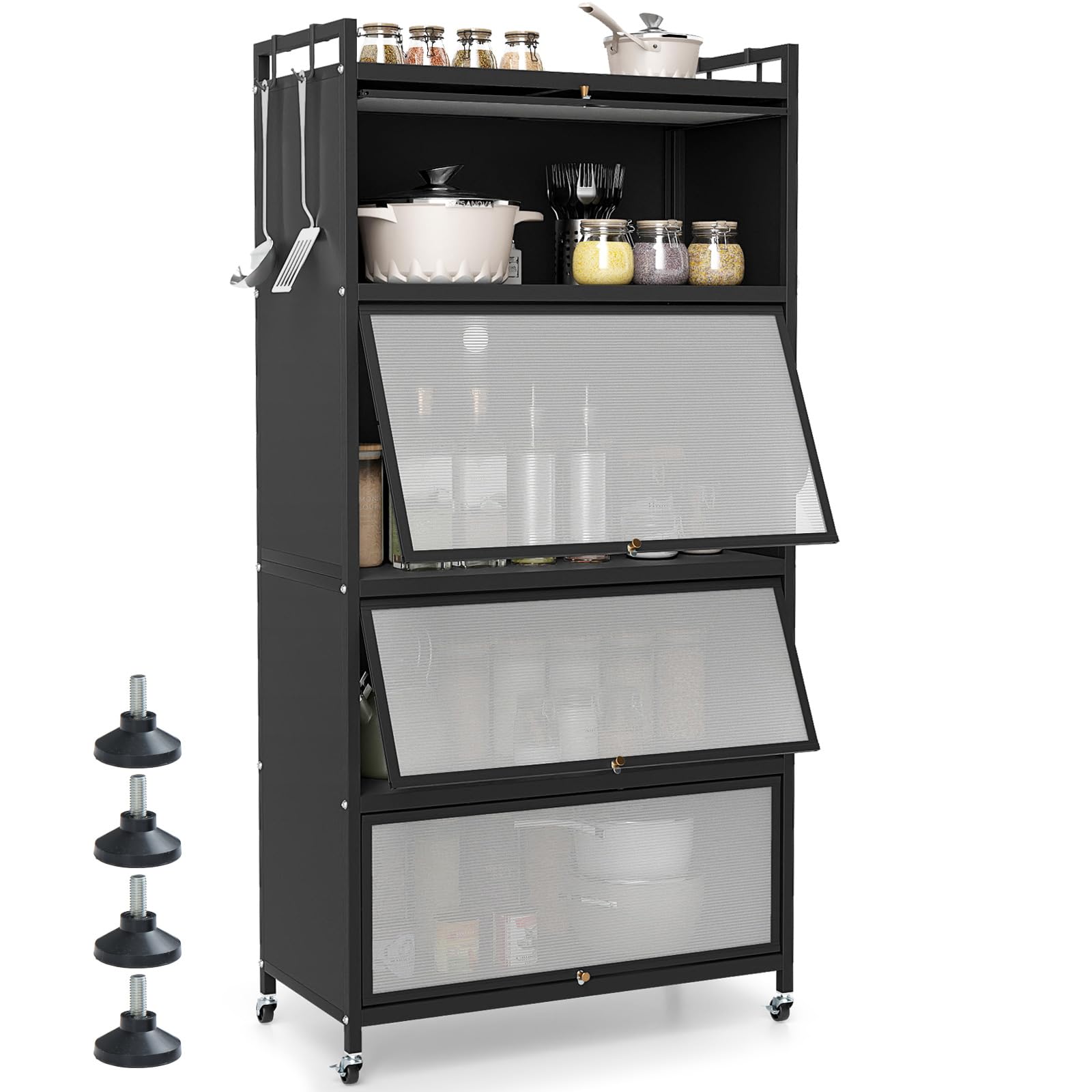GIANTEX Aparador Buffet de Cocina con 4 Compartimentos, Armario de Metal con Puertas Abatibles, 4 Ganchos y 4 Ruedas y 4 Patas, Kit Antivuelco, 80,5x40x162cm, Estantería para Comedor, Salón (Negro)