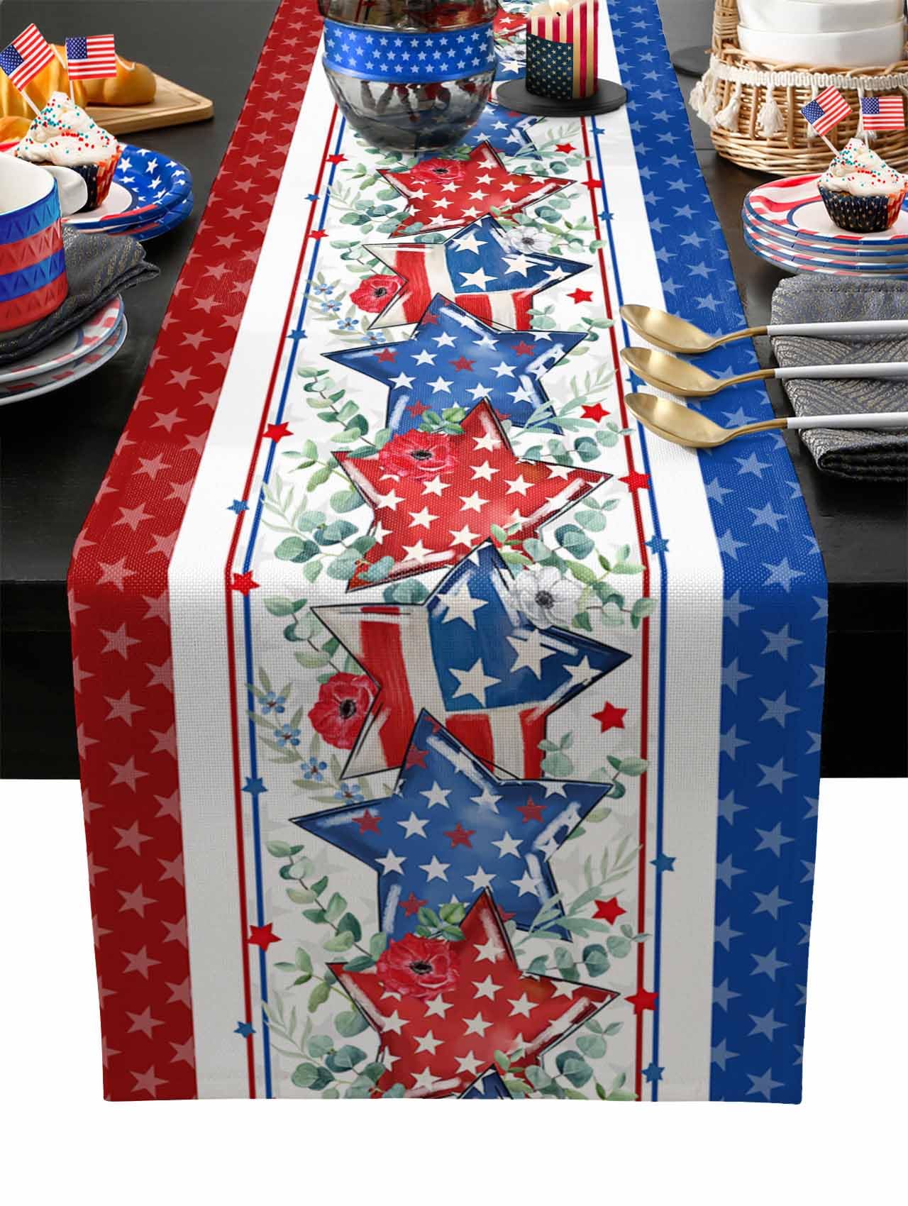 4th of July Table Runner 13x72 Inches Long Patriotic Stars Runner for Table Poppy Independence Day Table Runners Washable Dresser Scarf for Kitchen
