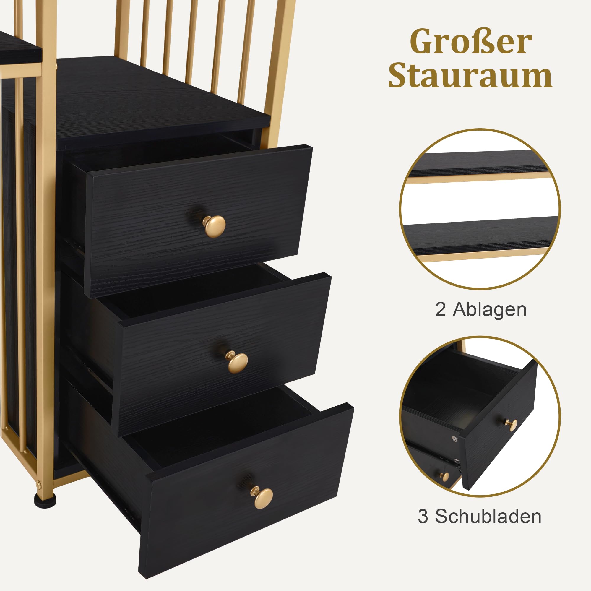 M MCombo Bureau avec tiroirs, Coiffeuse sans Miroir Noir et Or, Table à Ongles en Bois avec Structure métallique, Table d'ordinateur pour Le Salon Moderne, 45,5 x 109 x 81cm, 2407