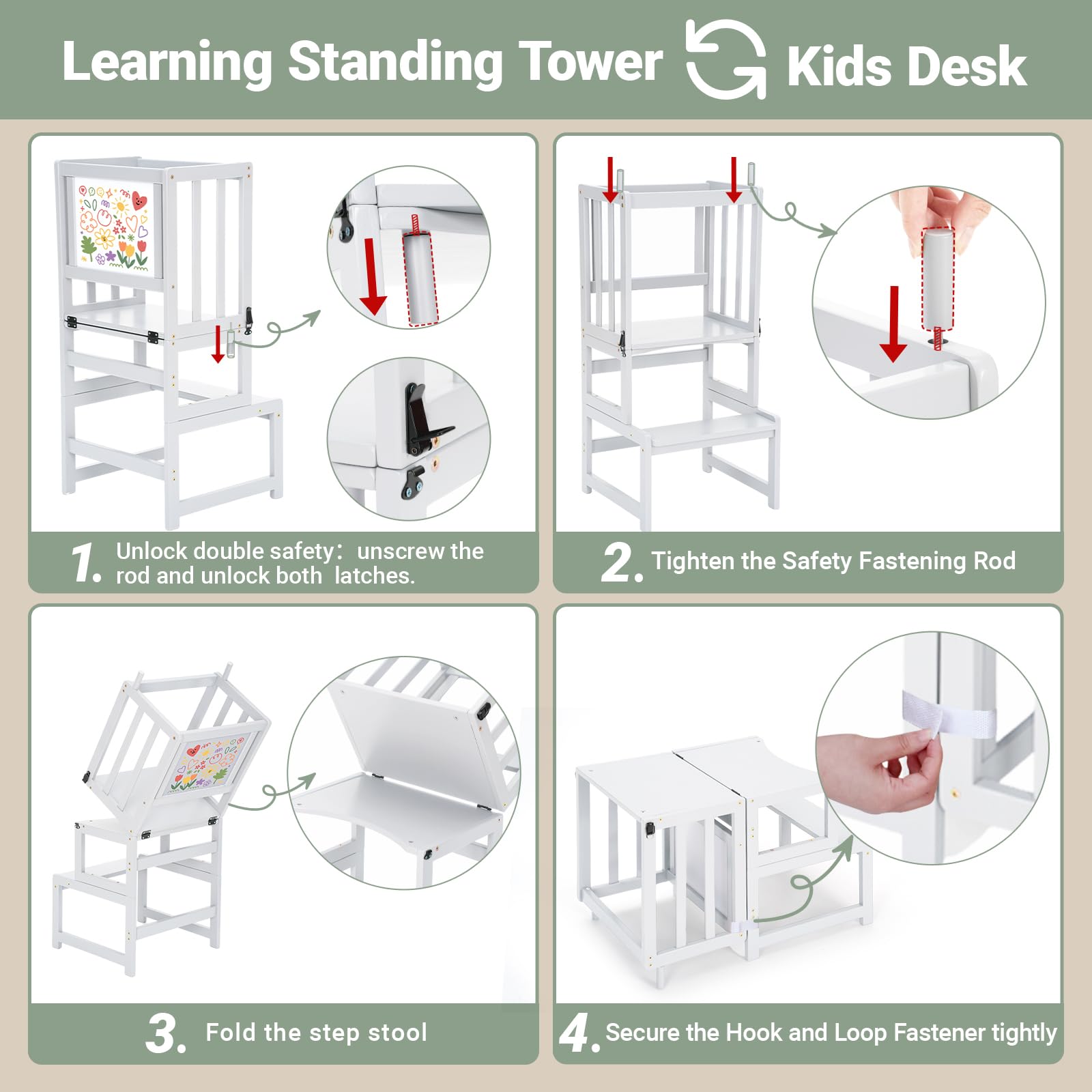 COSYLAND 3-in-1-Küchenhocker-Helfer für Kleinkinder, wandelbarer Stehturm mit Whiteboard für Kinder, Badezimmer, Küche, Theke, Helfer, Mutterhelfer, Lernhocker (Weiß)