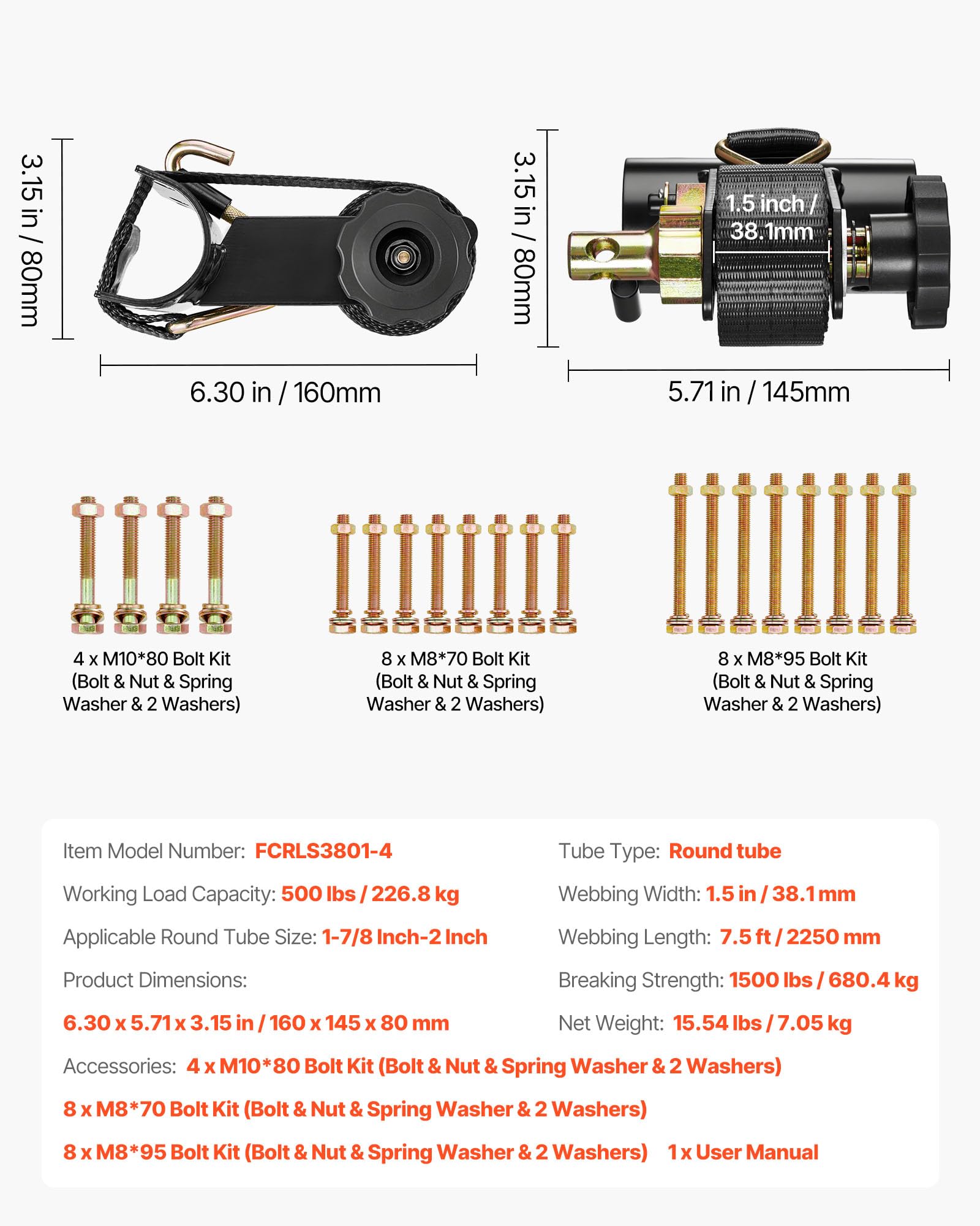 VEVOR Cinghie a Cricchetto per Retrattili Confezione da 4 Montaggio su Tubo Tondo Nero, Larghezza 38 mm x Lunghezza 2,25 m, Cinghie Nere per Fissaggio con Doppi Ganci a J, Carico 226,8 kg