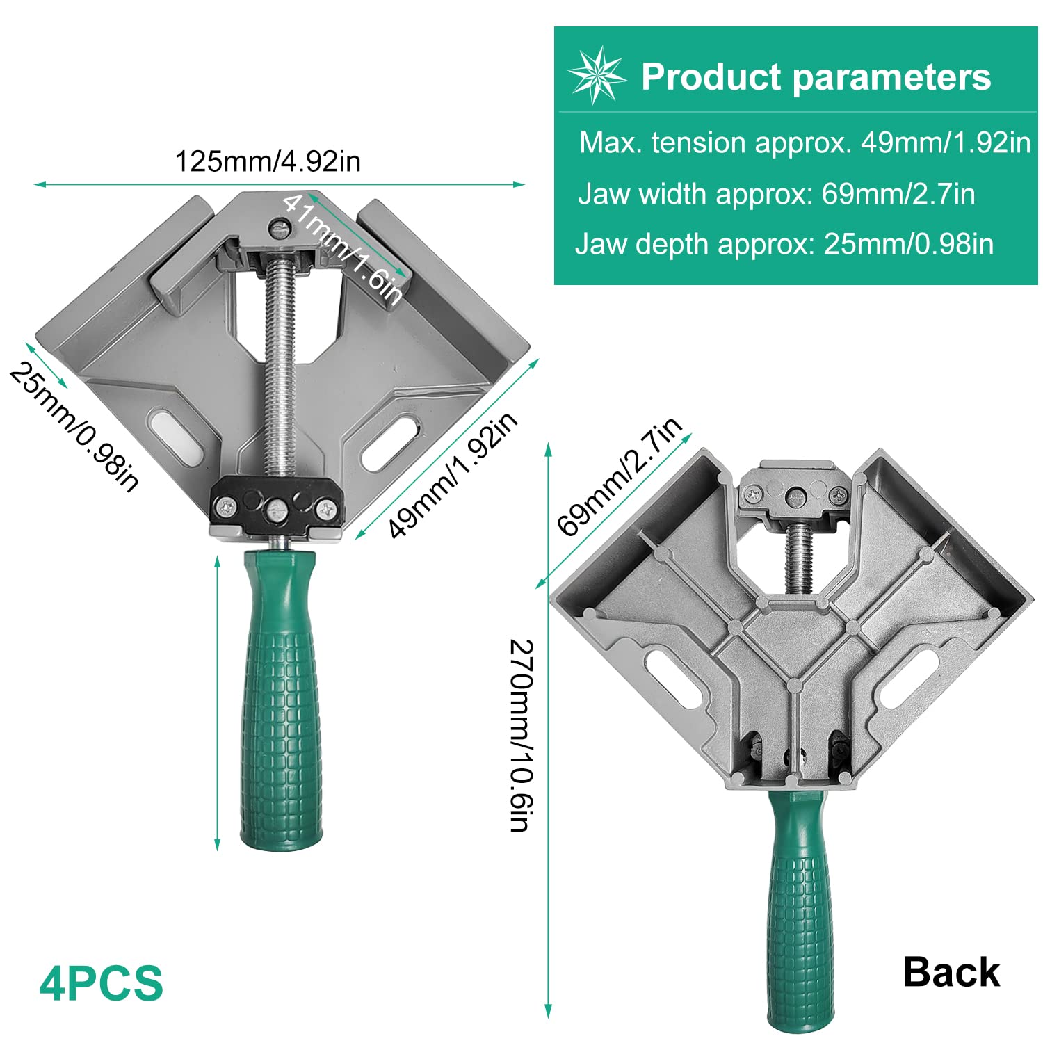 4 Piezas Sargento Escuadra Carpintero, 90°Abrazadera en Ángulo Recto, Aleacion de Aluminio Clip de Esquina de un Solo Mango, Herramientas Carpinteria Madera para Ingeniería, Carpintería, Soldadura