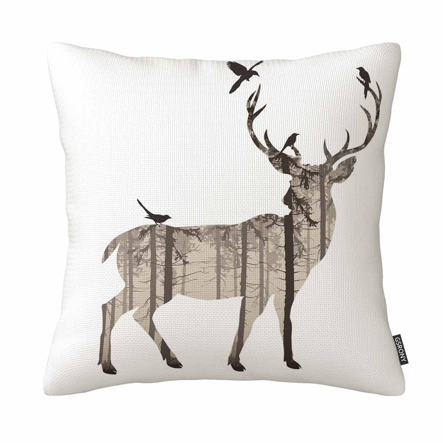 Gsrony Gray Rustic Wildlife Nature Throw Pillow Cover,Deer Silhouette Forest Birds Cotton Linen Decorative Pillow Case 18X18 Inch For Cabin Living Room Home Decor