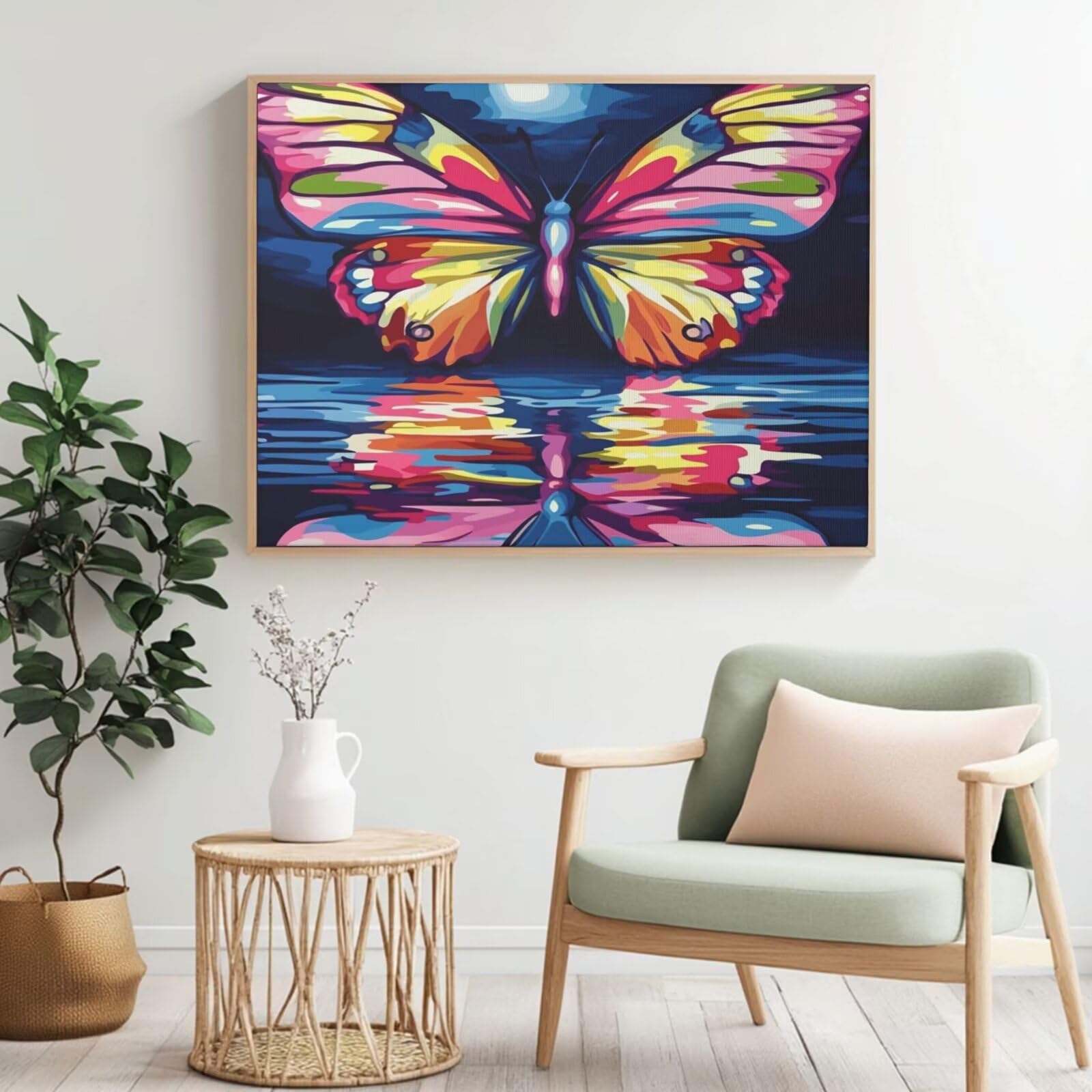 Malen nach Zahlen MK325 Malen-nach-Zahlen-Set für Erwachsene, Motiv: Schmetterling, See, Malen nach Zahlen für Anfänger, Acryl-Peinture a Numero mit 6 Pinseln, DIY-Ölgemälde, Kunsthandwerk für