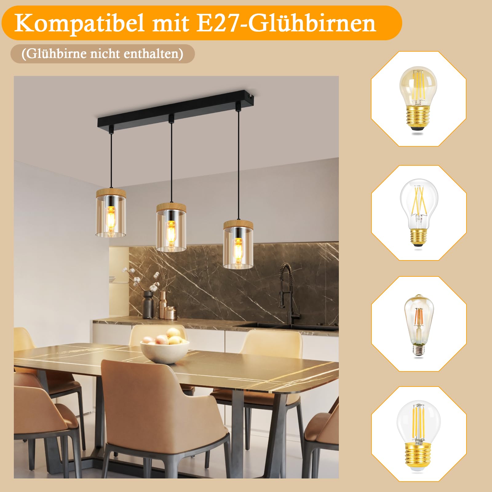 ZMH Pendelleuchte Esstisch Esszimmerlampe Vintage- Hängelampe E27 | Wohnzimmer Glas Esstischlampe Retro 3 Flammig Hängeleuchte Schlafzimmer Pendellampe Höhenverstellbar Küche ohne Leuchtmittel