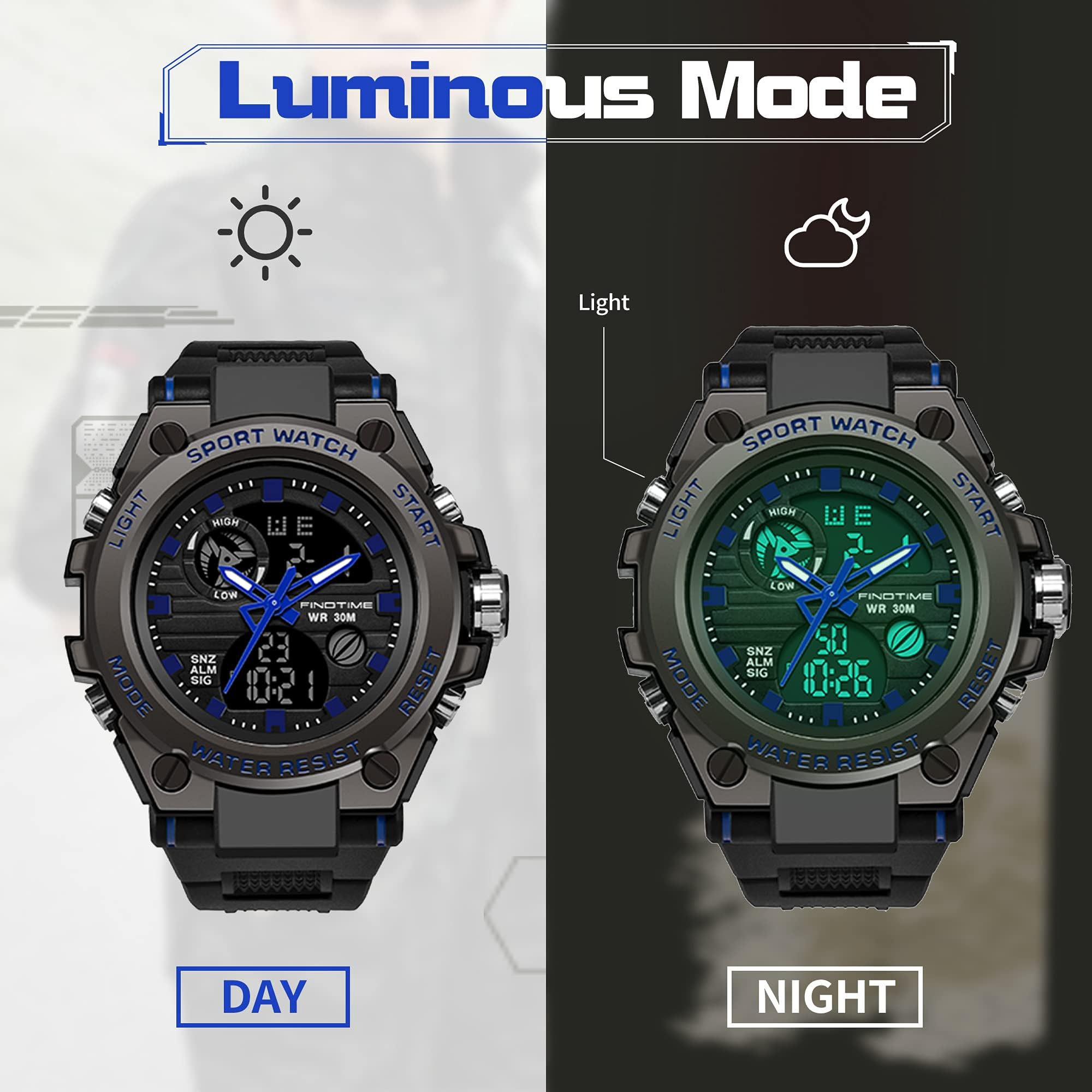 findtime Montre Militaire Tactique de Sport pour Homme Chronomètre à Grand Cadran, Alarme, Double Affichage de l'heure, rétroéclairage, Montre-Bracelet étanche pour l'extérieur, analogique numérique